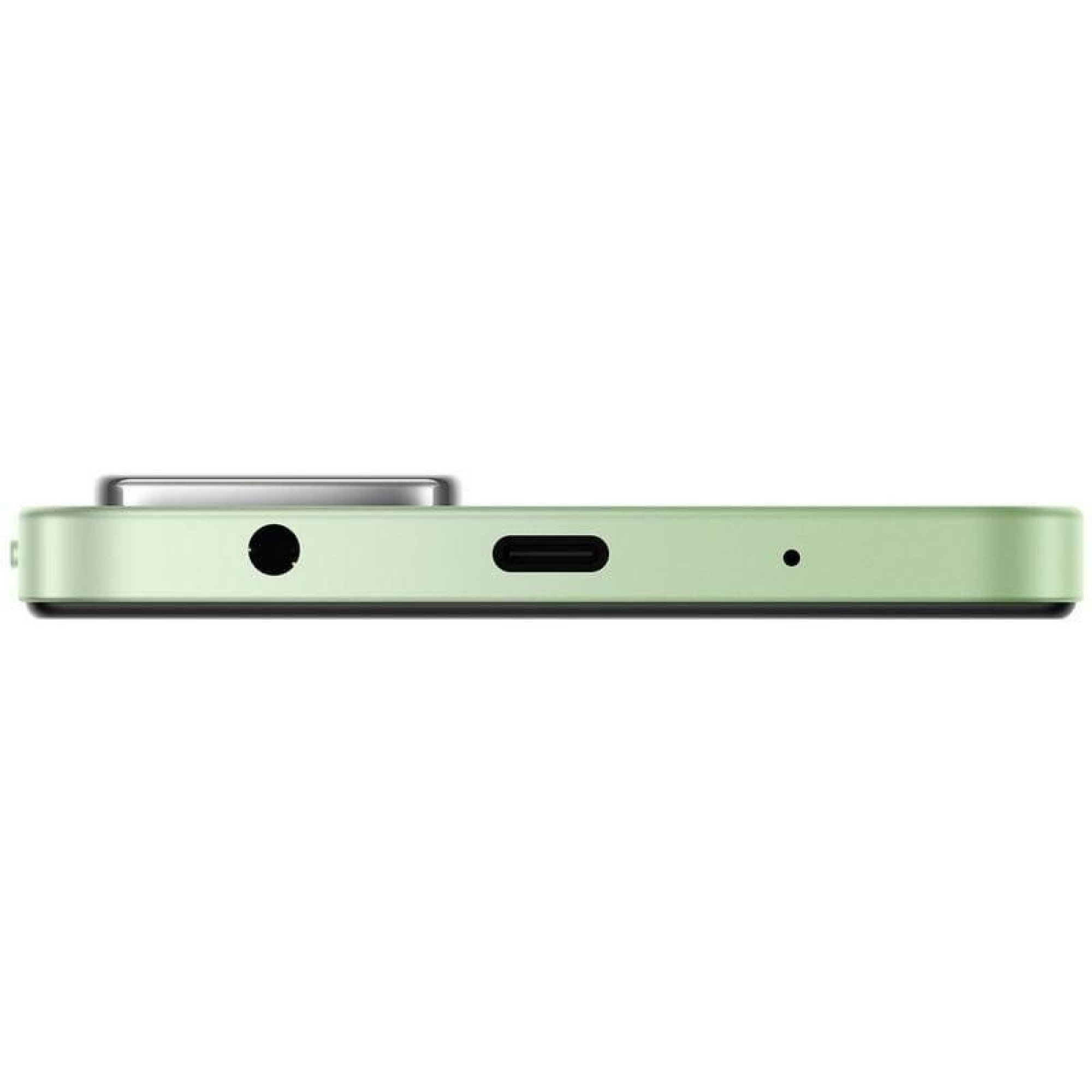 Vista inferiore di uno smartphone verde con jack per cuffie, porta USB-C e microfono.