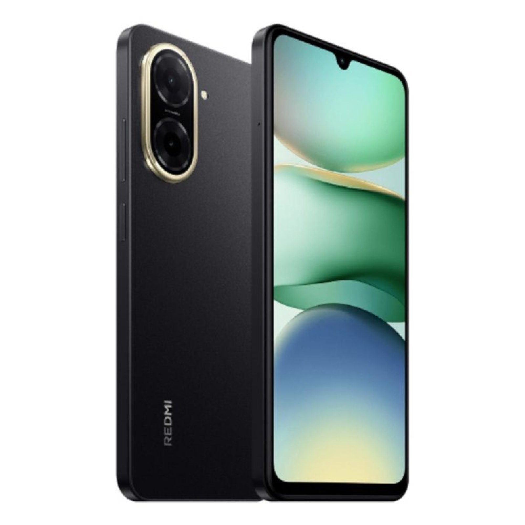 Vista anteriore e posteriore di uno smartphone Redmi nero con due fotocamere verticali.