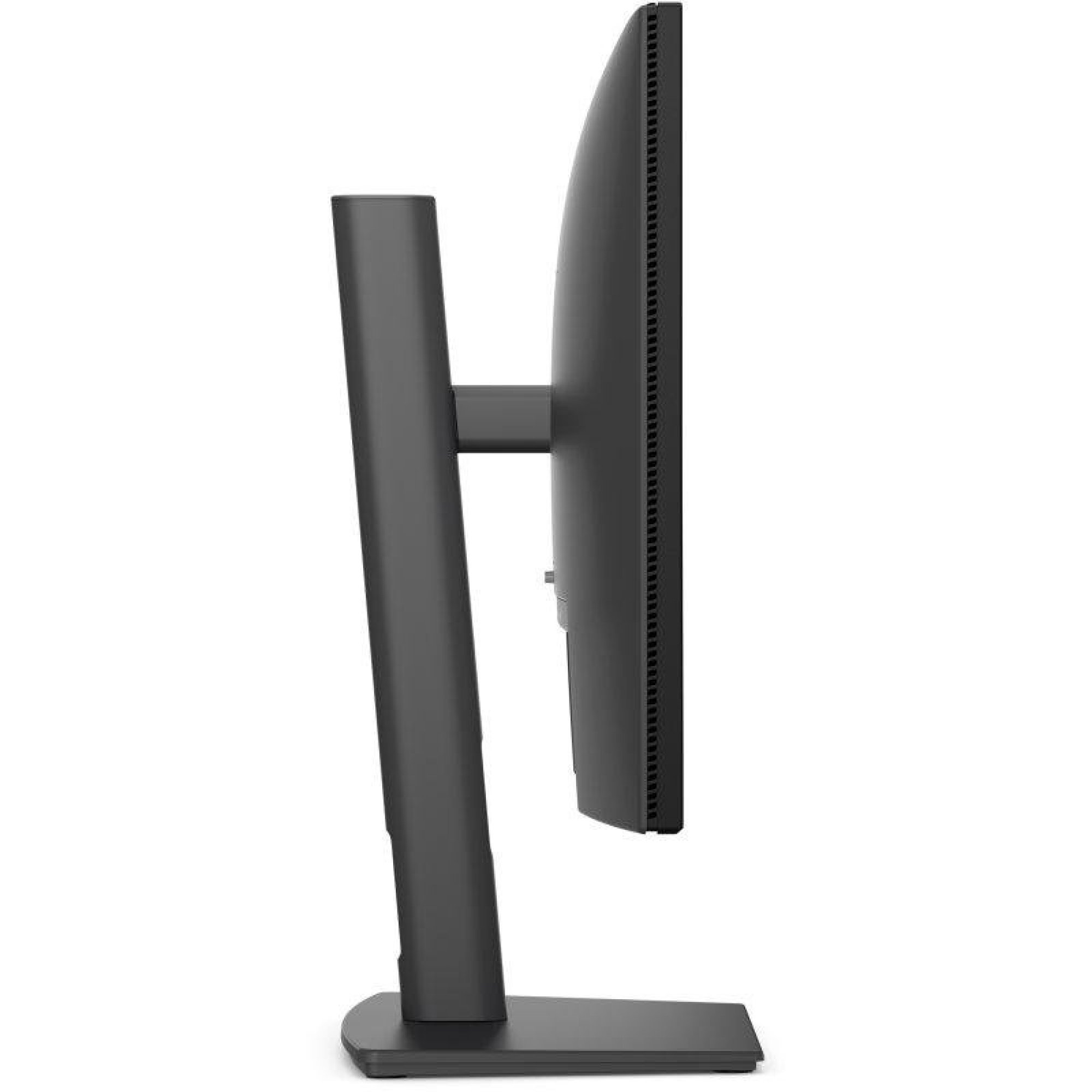 Vista laterale di un moderno monitor nero con supporto regolabile su sfondo bianco.