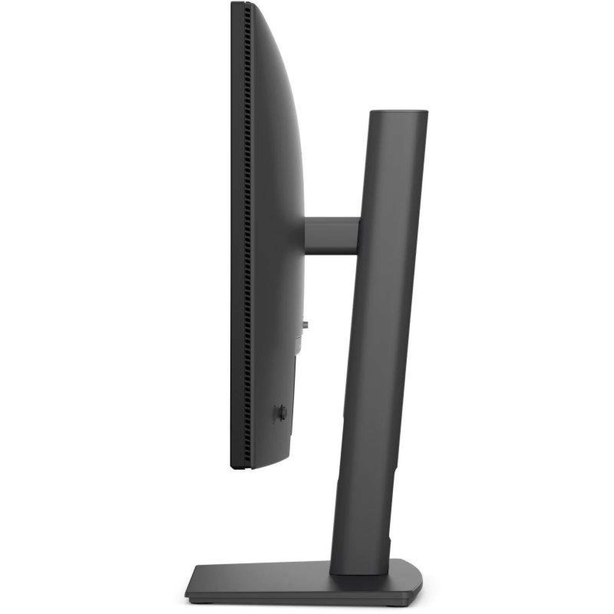 Vista laterale di un monitor per computer nero su supporto su sfondo bianco.