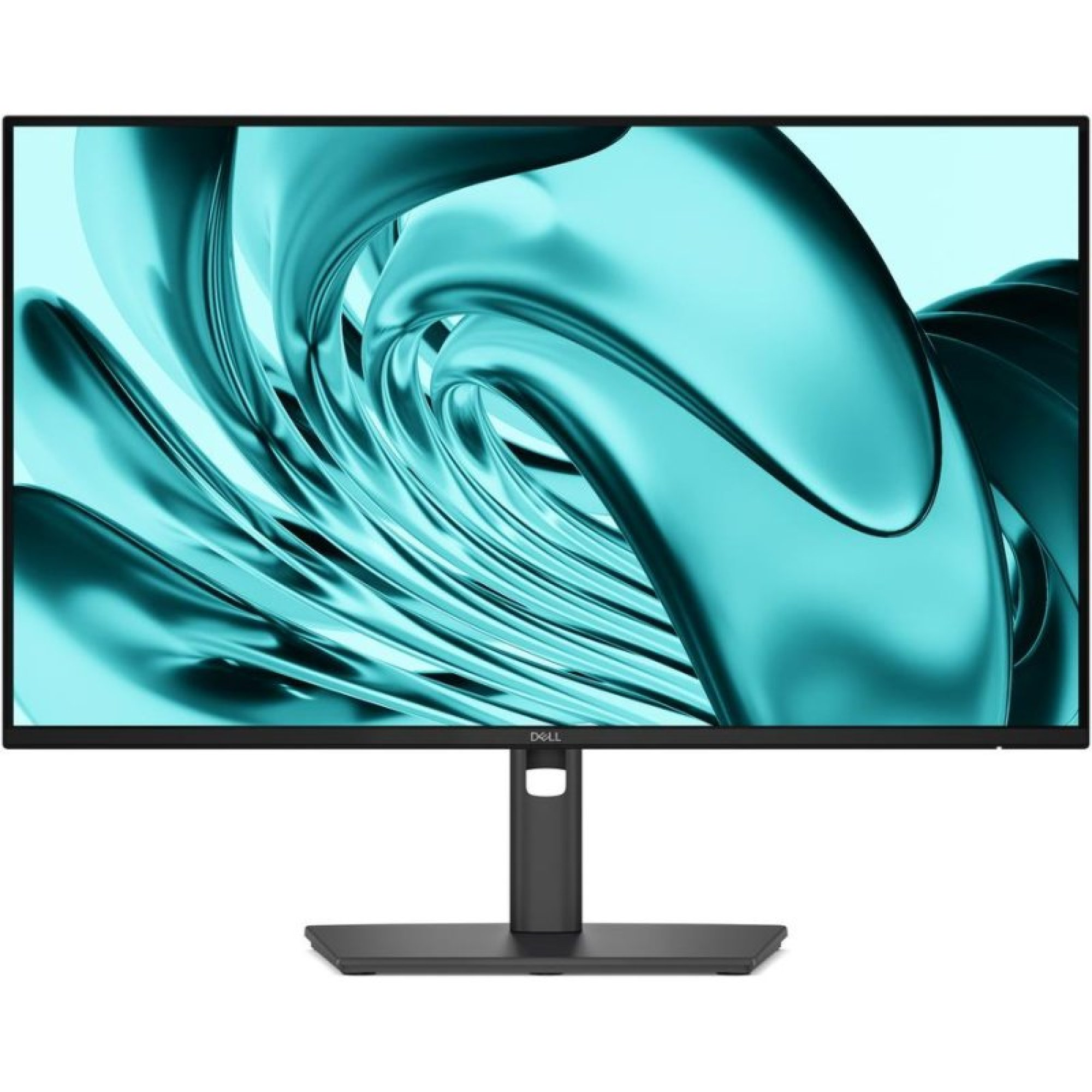 Un monitor Dell nero mostra uno sfondo astratto e fluido color turchese.