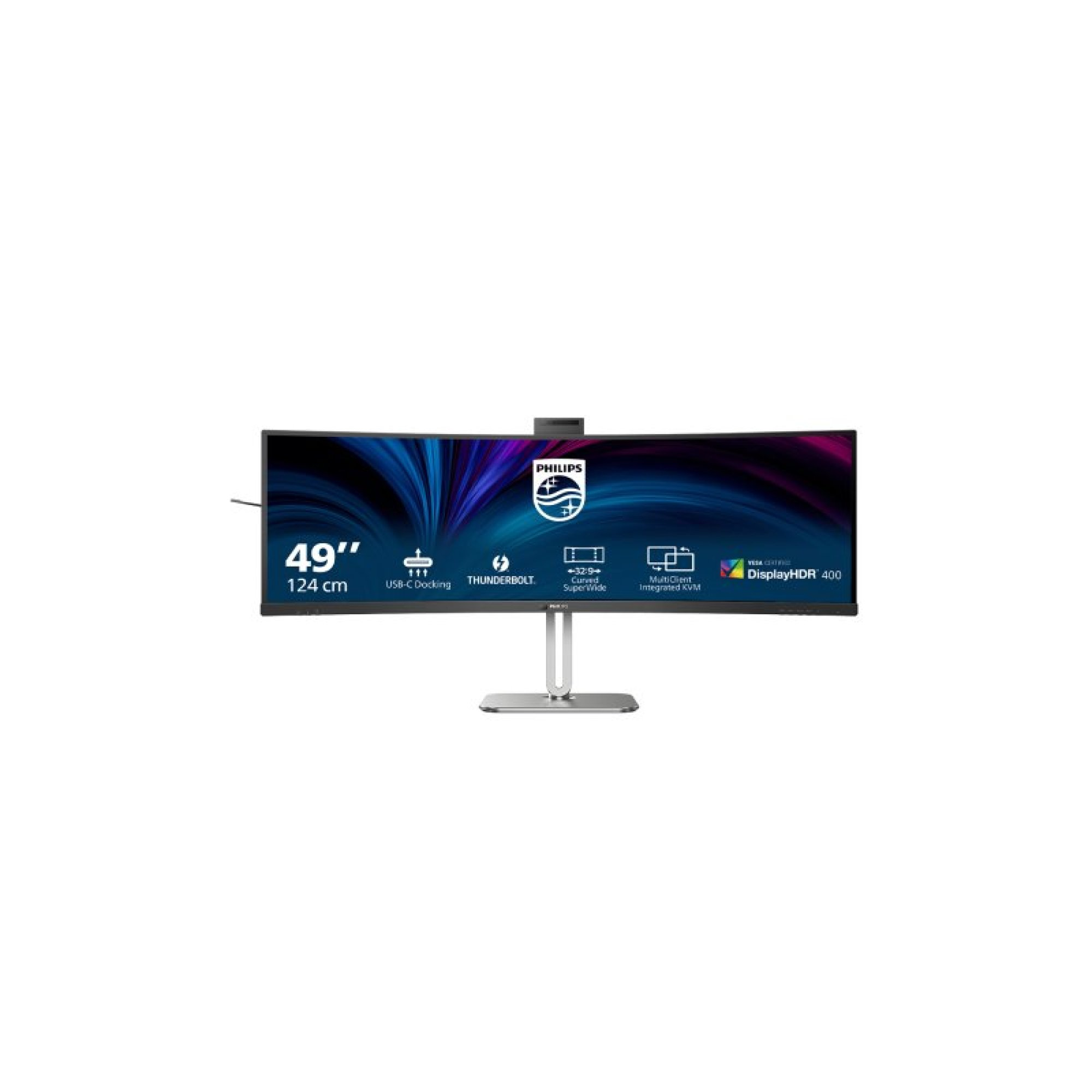 Monitor curvo Philips da 49 pollici con supporto argento e schermo astratto colorato su sfondo bianco.