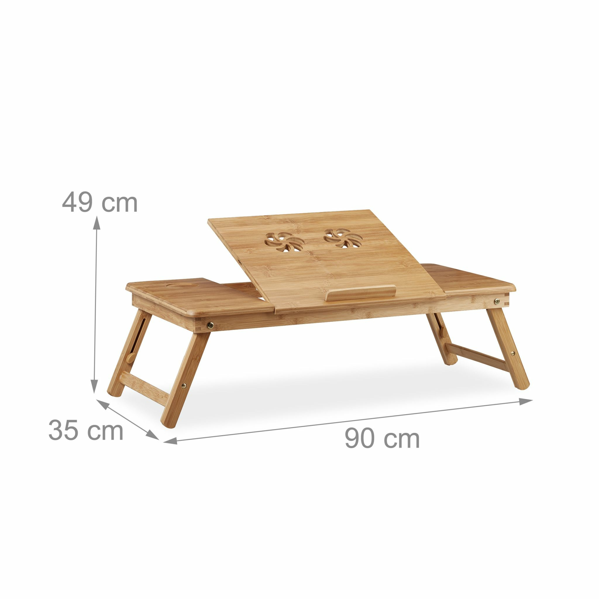 Bambus Laptoptisch mit verstellbarer Platte und Maßen: 90 cm breit, 35 cm tief, 49 cm hoch.