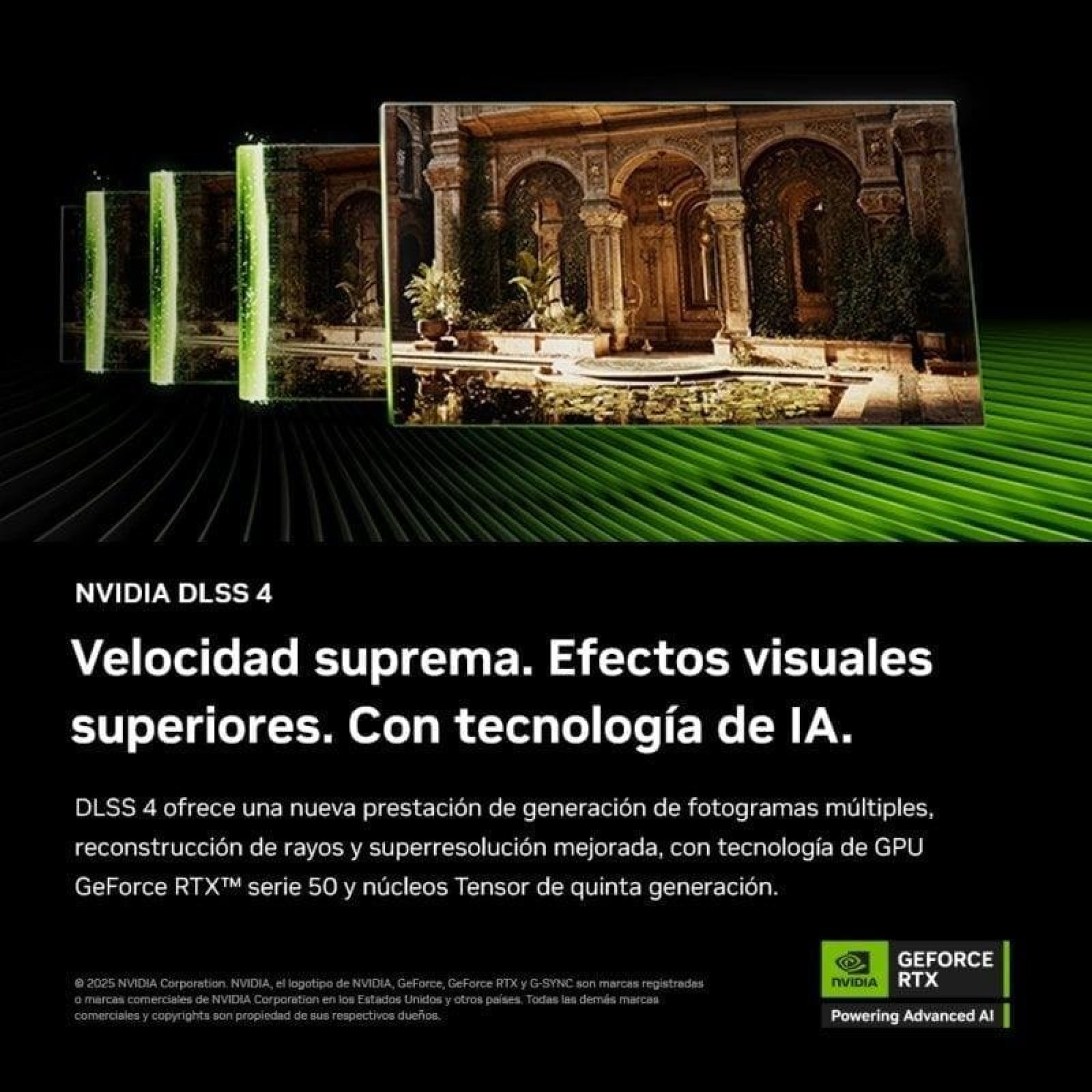 Publicité NVIDIA DLSS 4 avec un graphique de cour et du texte en espagnol.
