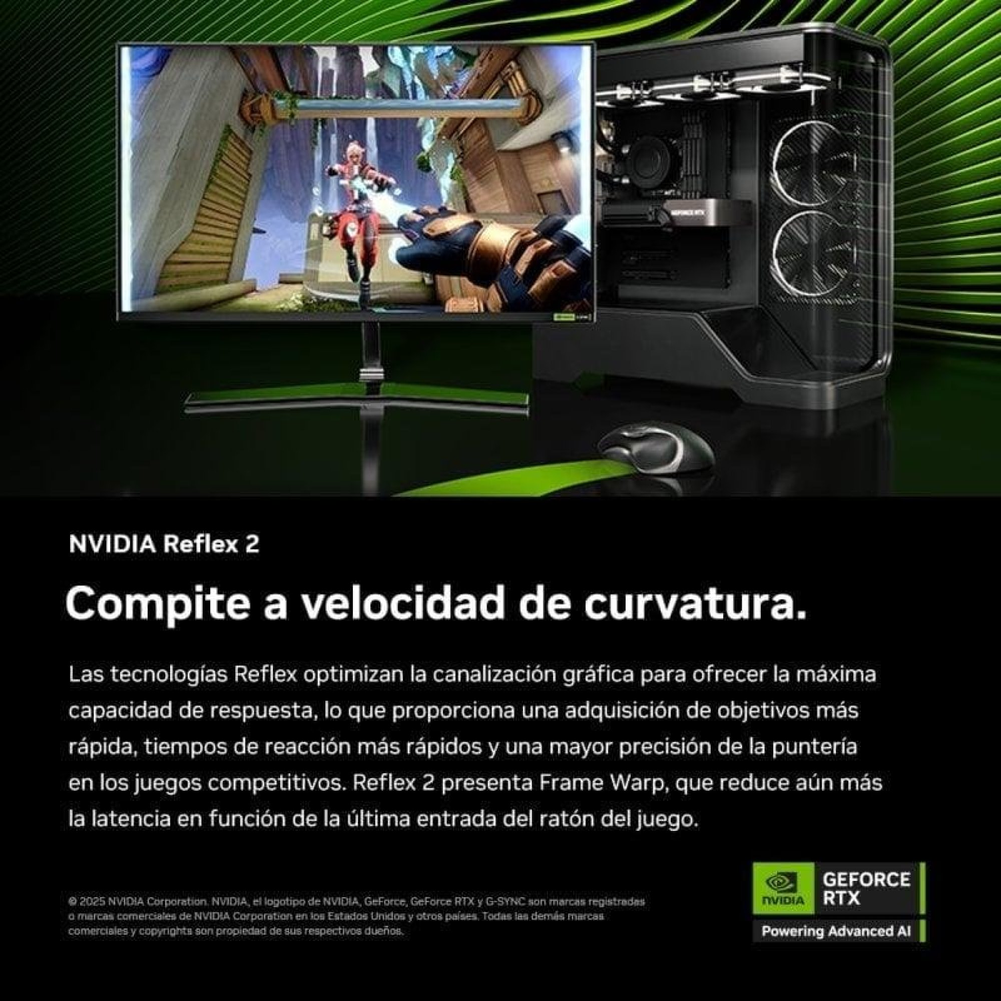 Publicité NVIDIA Reflex 2 montrant un moniteur de jeu, une tour de PC et une souris.