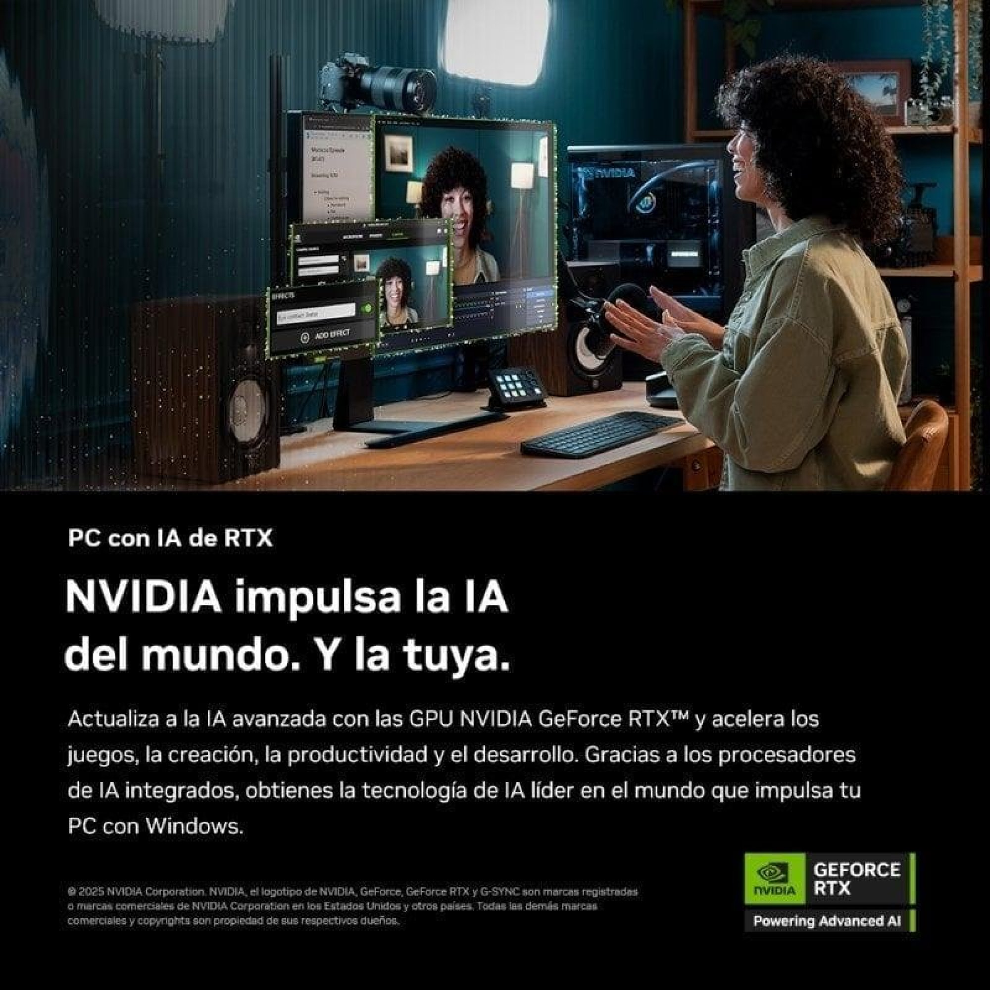 Une femme est assise à un bureau avec plusieurs écrans, une unité informatique et du matériel de studio en arrière-plan.