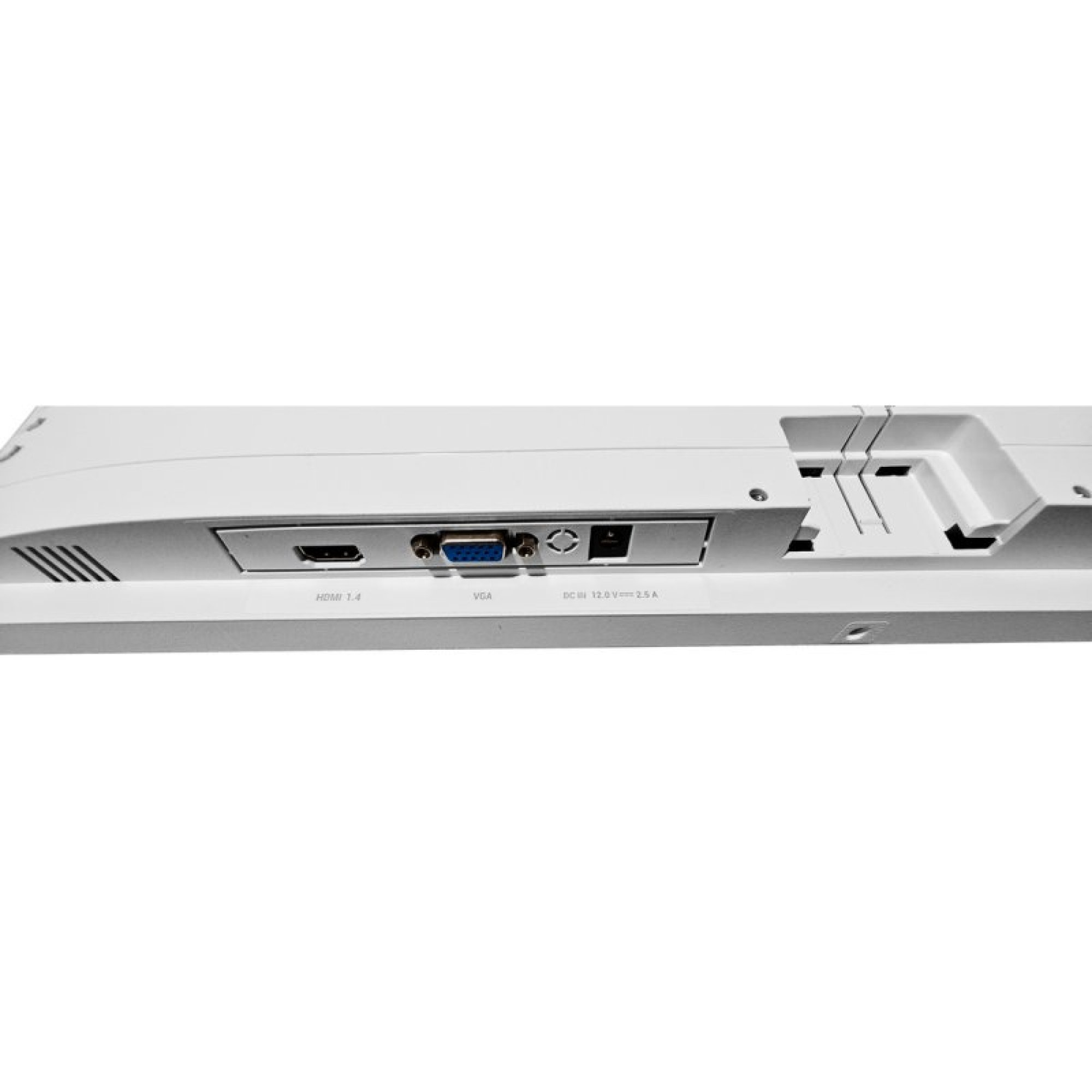 Rückseite eines weißen Monitors mit HDMI-, VGA- und Stromanschlüssen vor weißem Hintergrund.