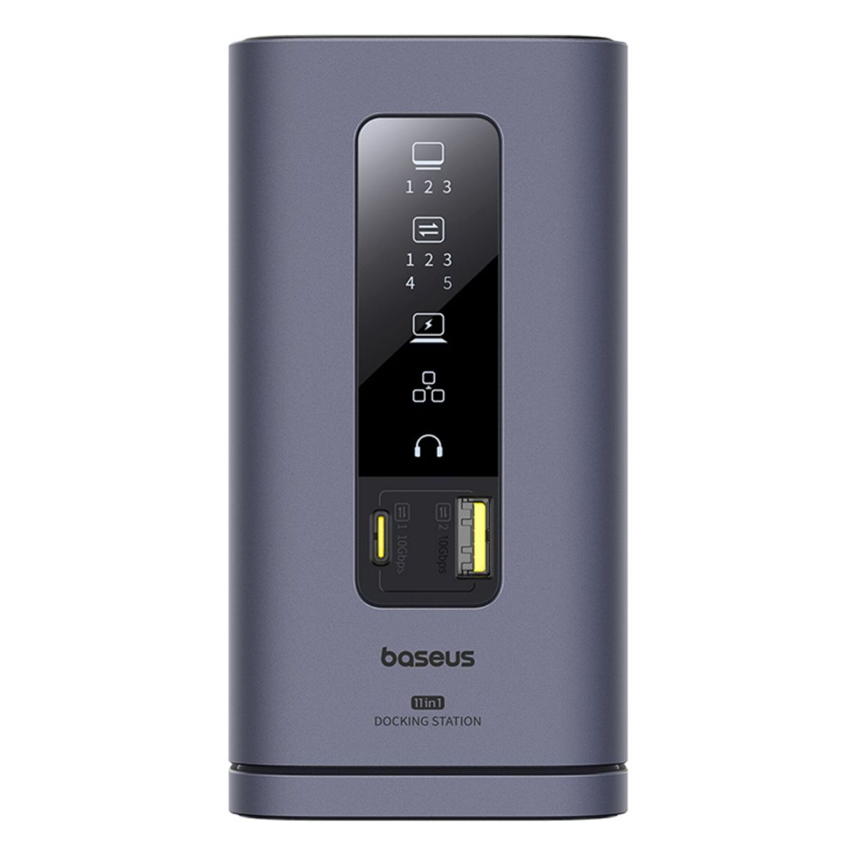 Graue Baseus 11-in-1-Dockingstation mit Display, USB-Anschlüssen und Markenlogo.