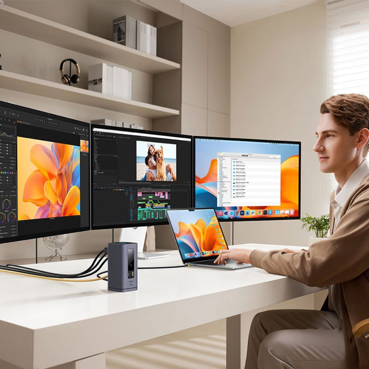 Ein Mann sitzt an einem weißen Schreibtisch mit Laptop und drei großen Monitoren in einem modernen Büro.