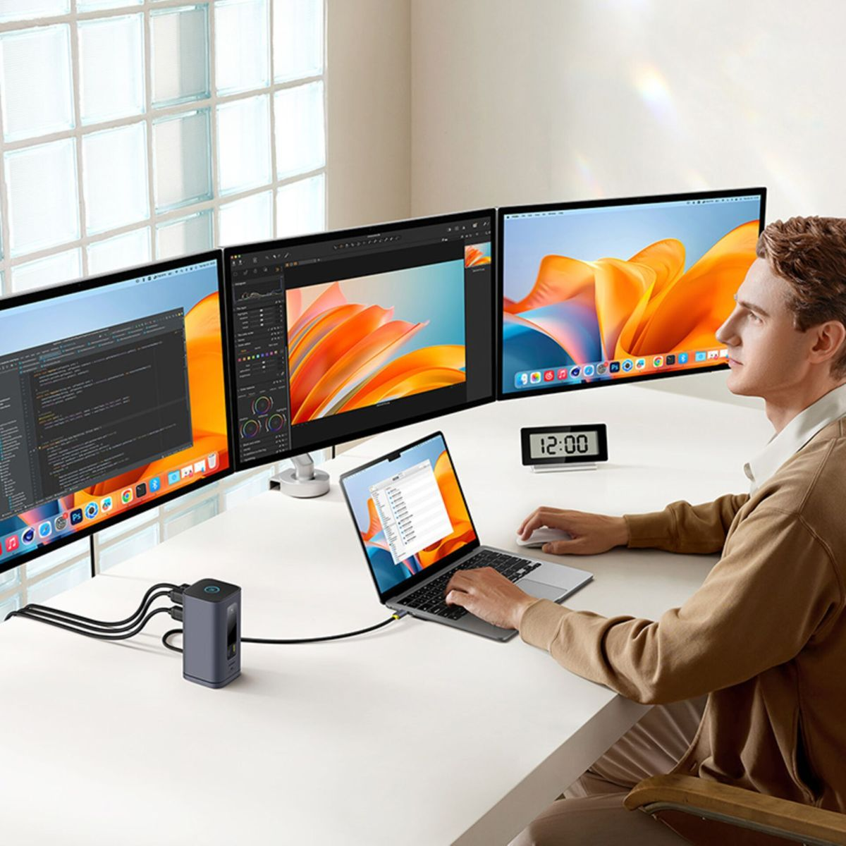 Ein Mann sitzt an einem weißen Schreibtisch mit Laptop, drei Monitoren und einer Dockingstation.