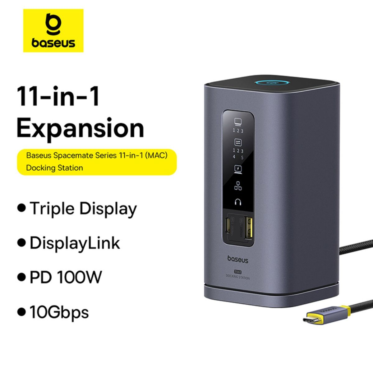 Baseus 11-in-1 Dockingstation mit verschiedenen Anschlüssen und USB-C-Kabel.