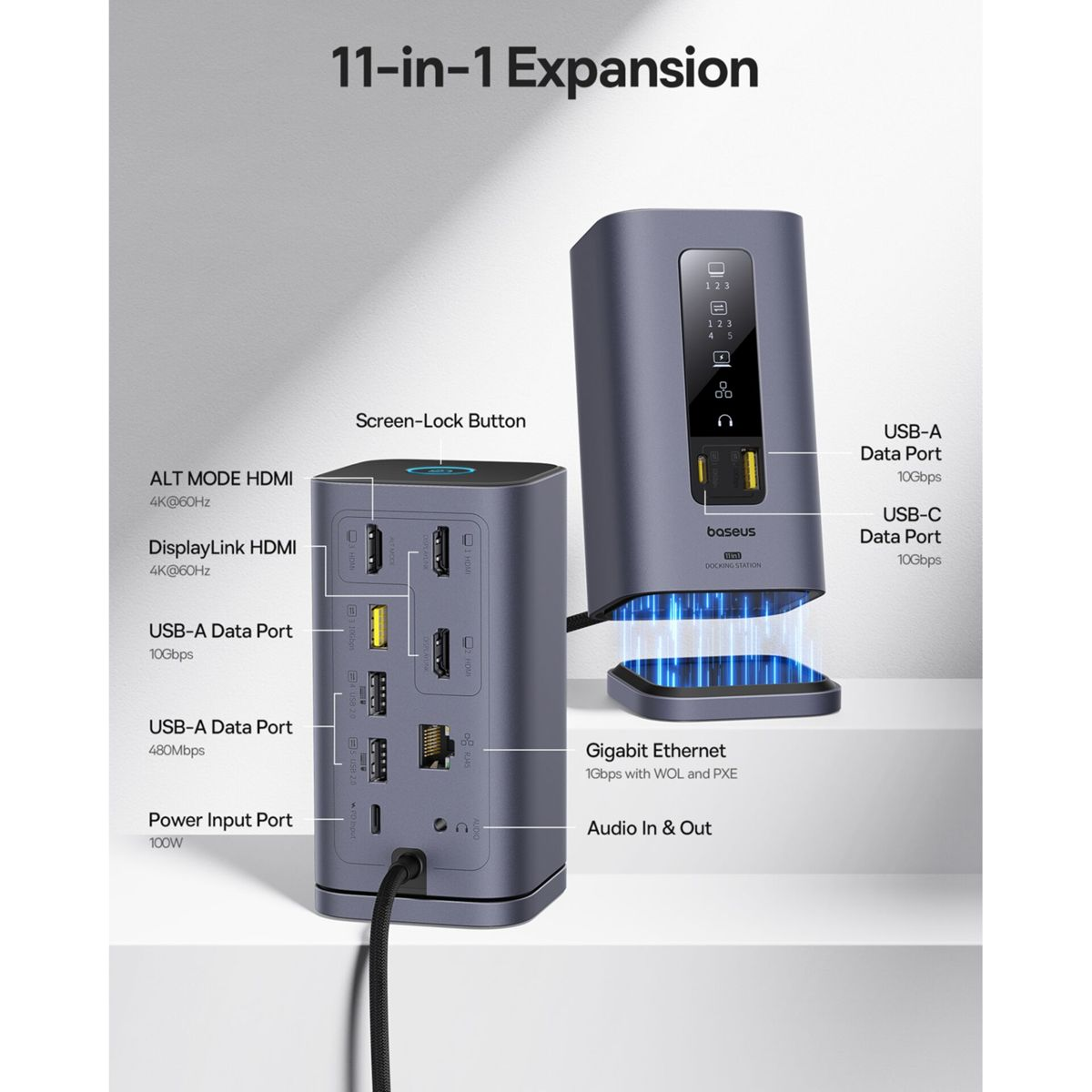 Graue 11-in-1-Dockingstation mit verschiedenen Anschlüssen, HDMI, USB-A, USB-C, Ethernet und Audioports.