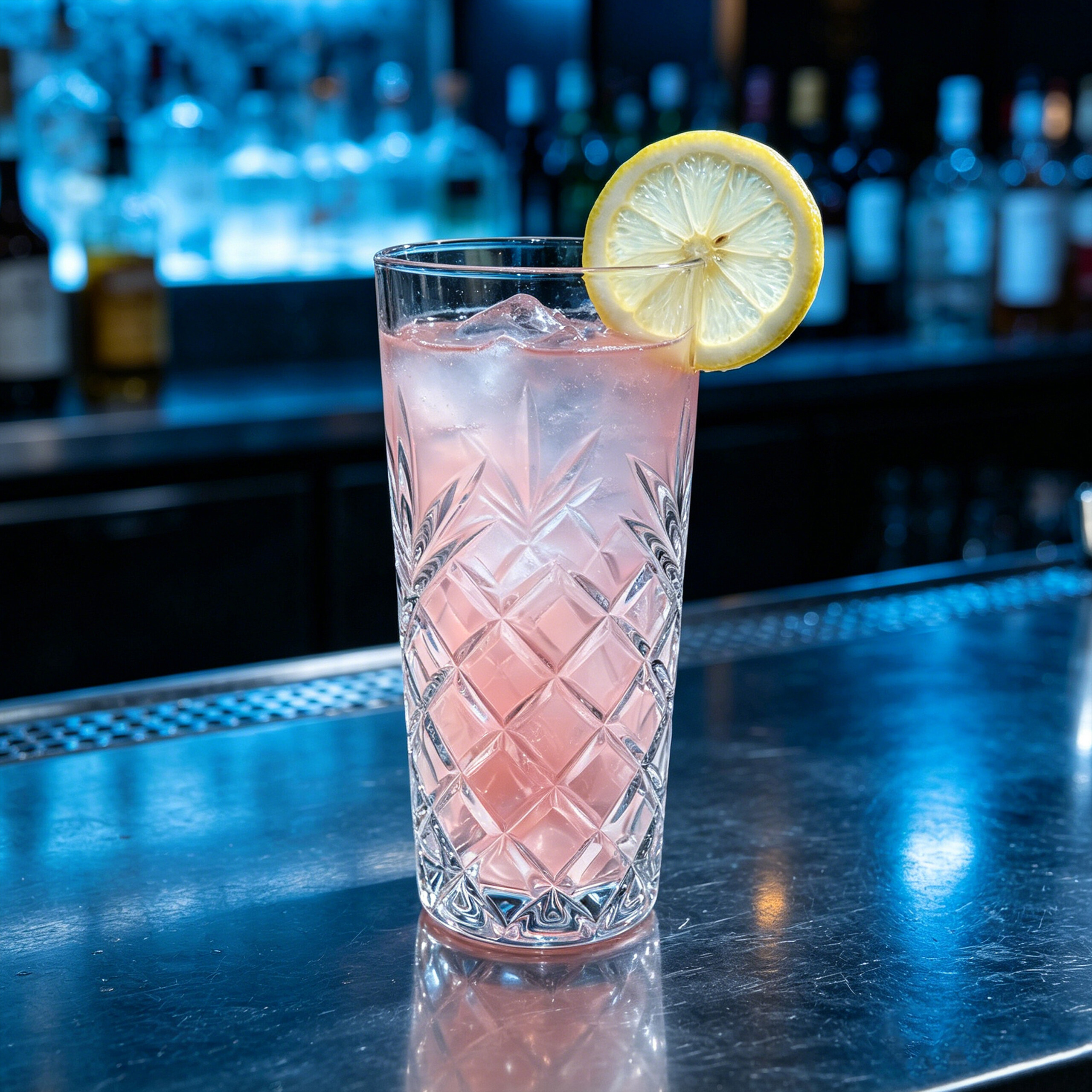 Ein rosa Cocktail mit Eis in einem gemusterten Glas, garniert mit einer Zitronenscheibe auf einer Bar-Theke.