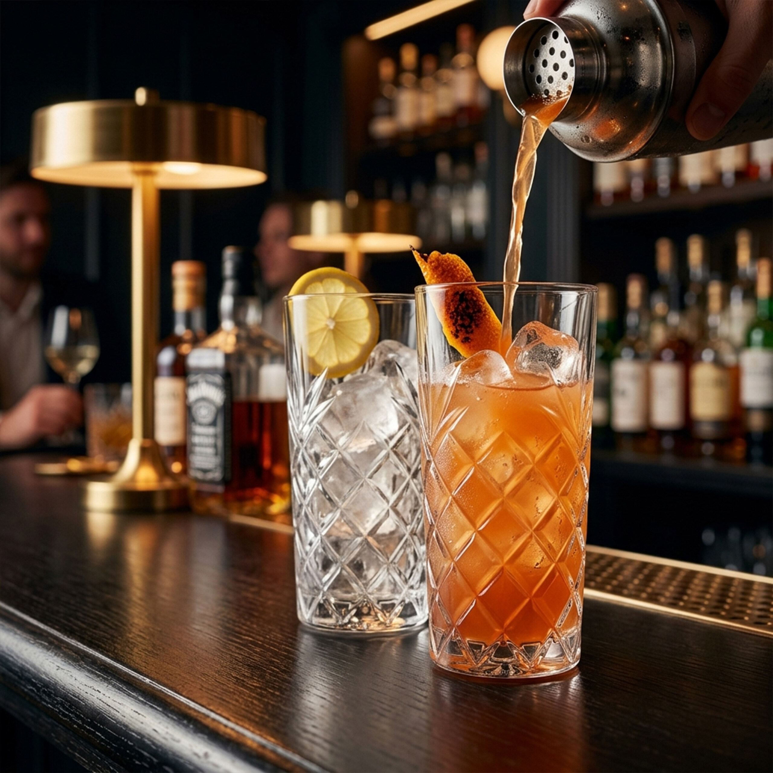 Ein Barkeeper gießt einen Cocktail aus einem Shaker in ein Glas auf einer Theke.