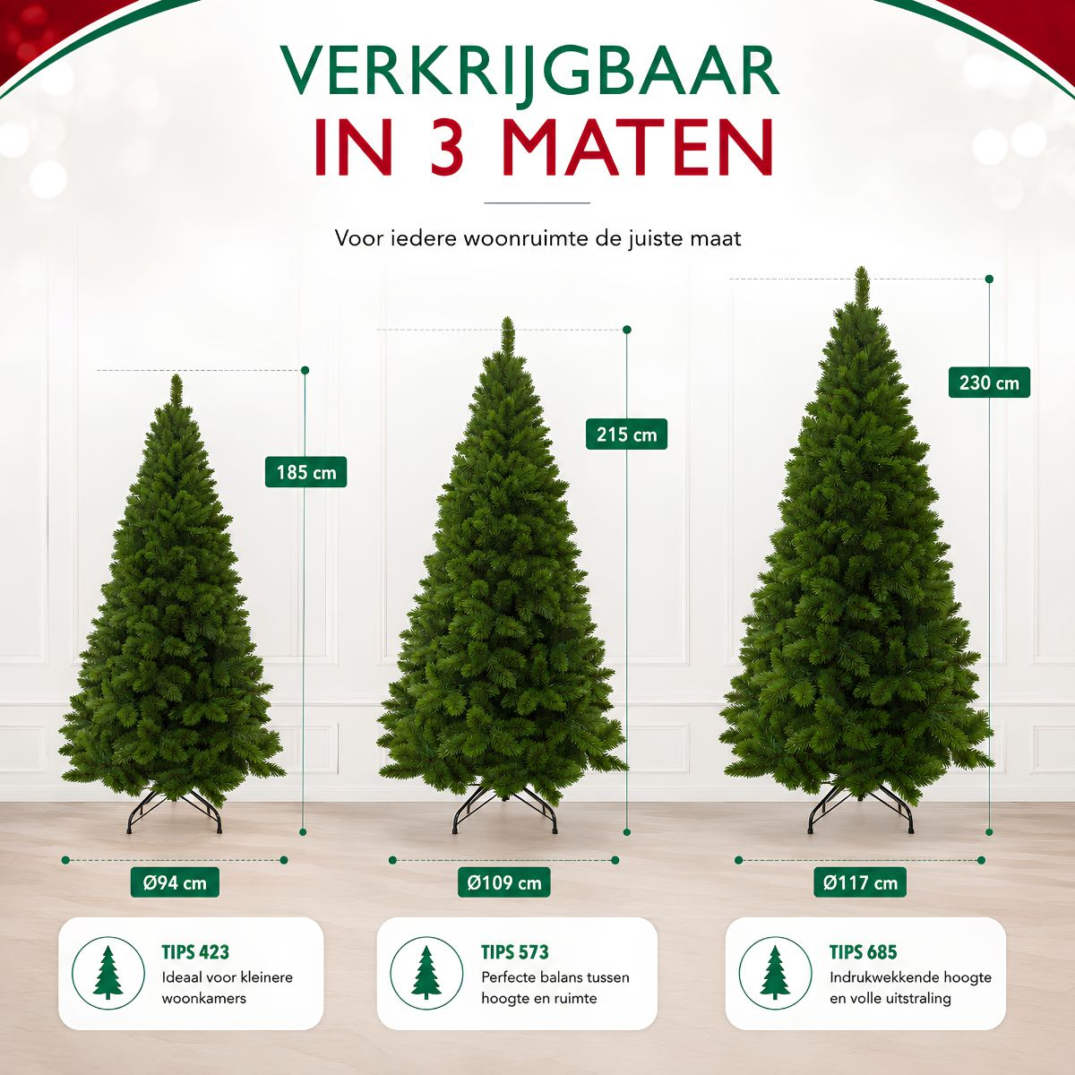 Three artificial Christmas trees in different sizes with height and width measurements.