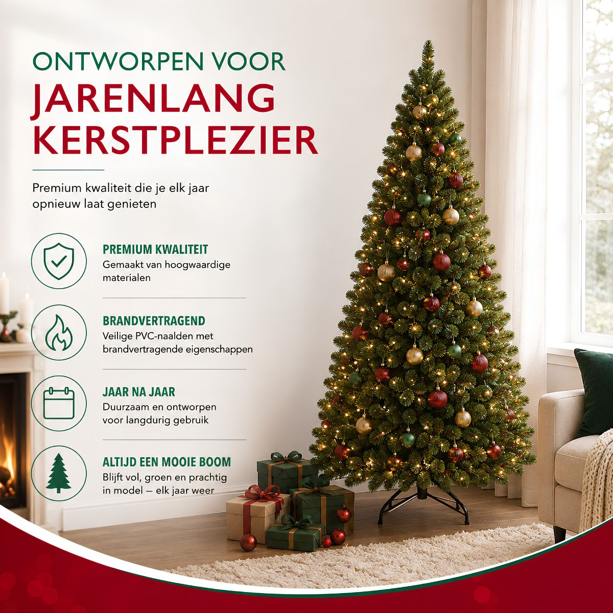 A decorated Christmas tree with lights and baubles stands beside wrapped gifts, with promotional text on the left.