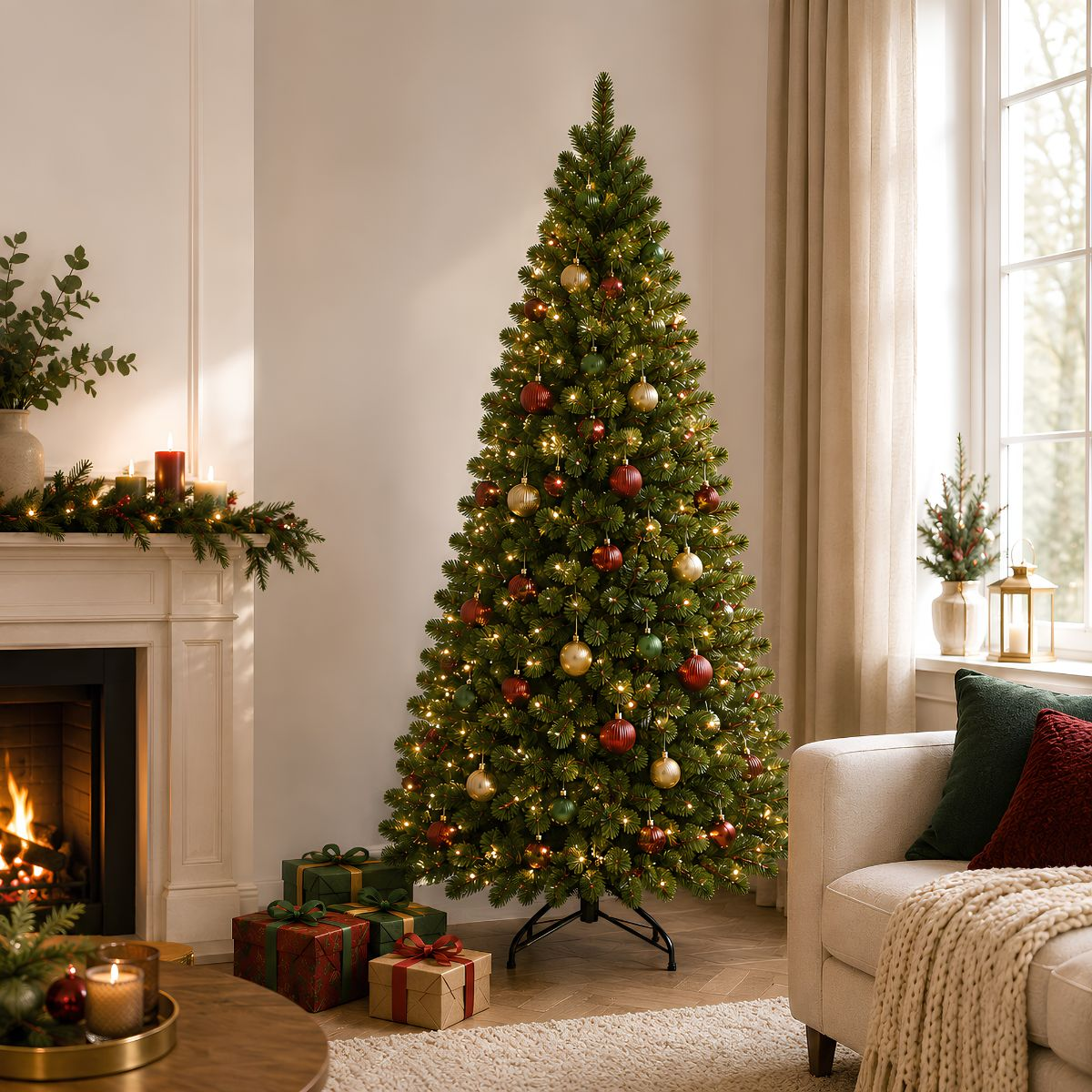 A decorated Christmas tree stands in a cozy living room with a fireplace and gifts.