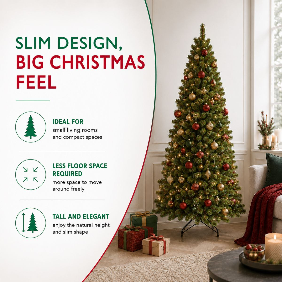 A slim Christmas tree in a living room with gifts and promotional text on the left.