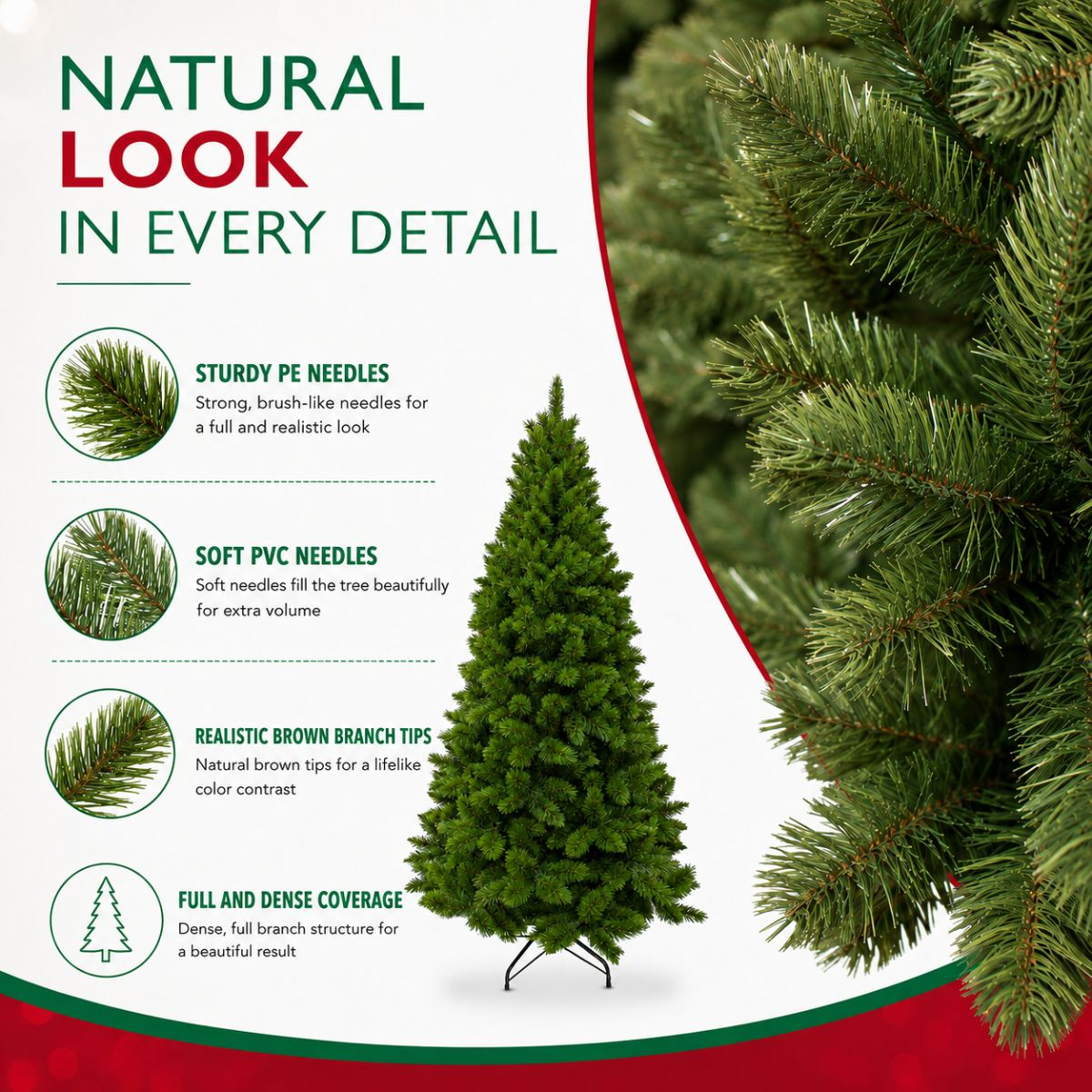 Promotional image for artificial Christmas trees highlighting needle types and a full green tree.