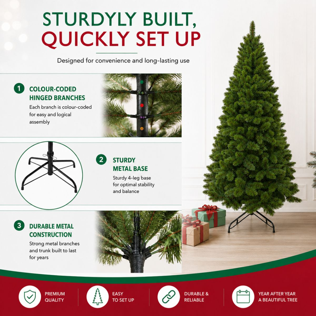 A green artificial Christmas tree with a sturdy metal base and color-coded branches for easy assembly.