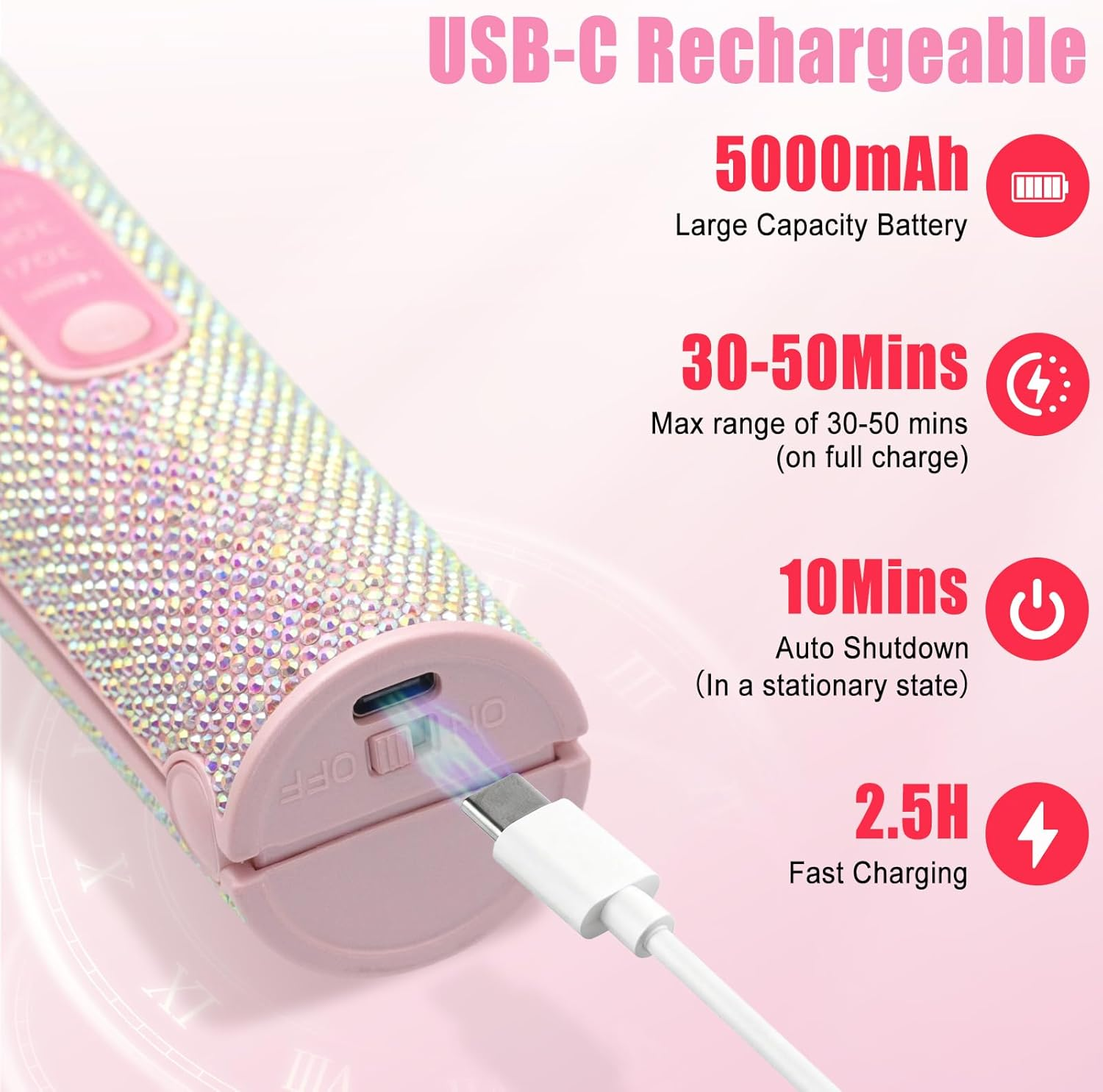 Rosa, strassbesetztes Gerät mit USB-C-Anschluss, 5000mAh Akku und Schnellladefunktion.