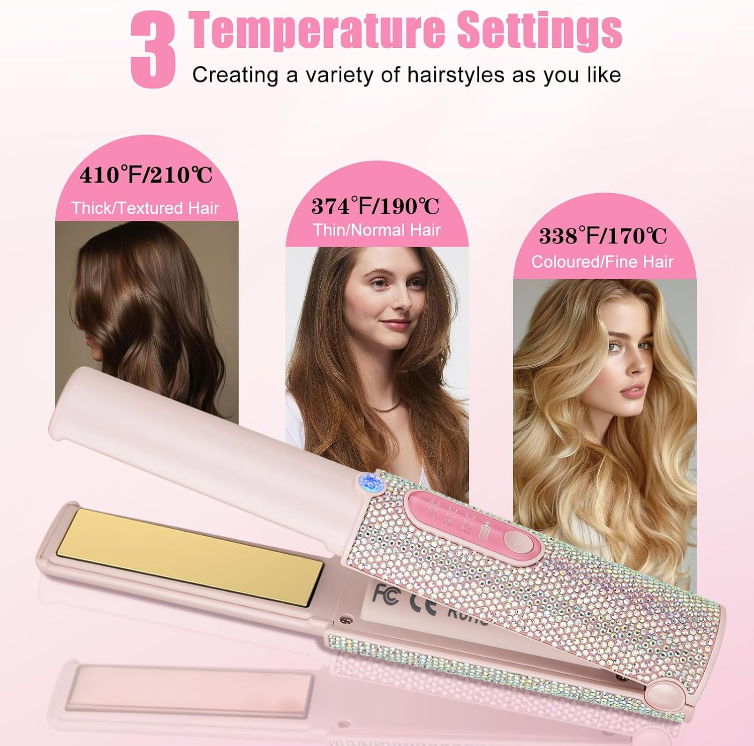 Glätteisen mit Strasssteinen und drei Temperaturstufen für verschiedene Haartypen auf rosa Hintergrund.