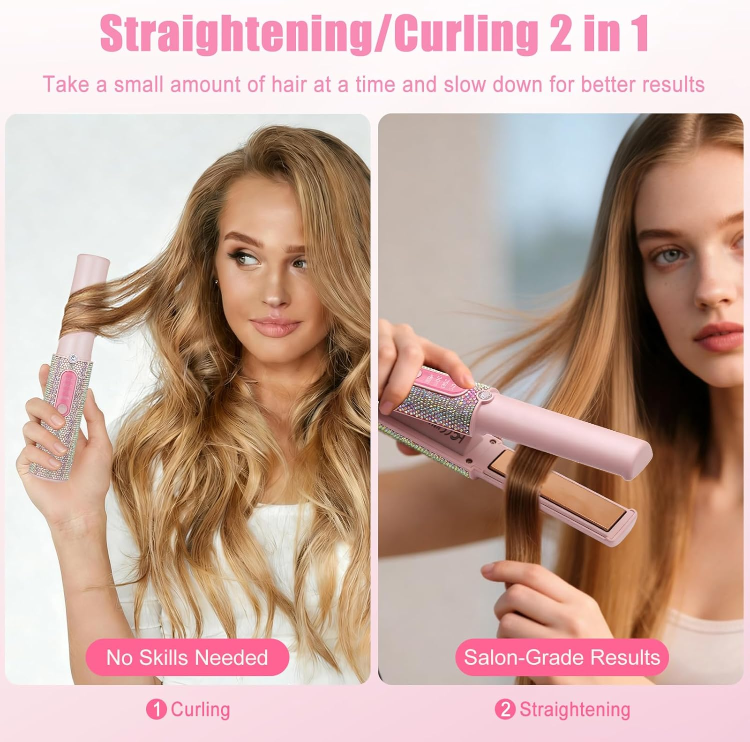 Eine Frau benutzt ein rosa Haarglätteisen mit Strasssteinen, um links Haare zu locken und rechts zu glätten.