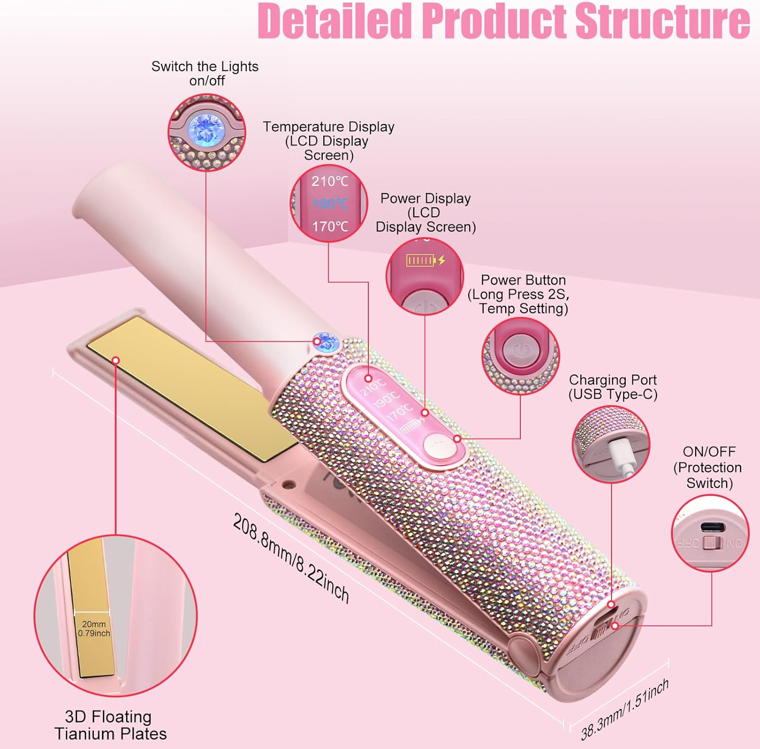 Detaillierte Produktstruktur eines rosa, mit Strasssteinen besetzten Glätteeisens mit beschrifteten Funktionen.
