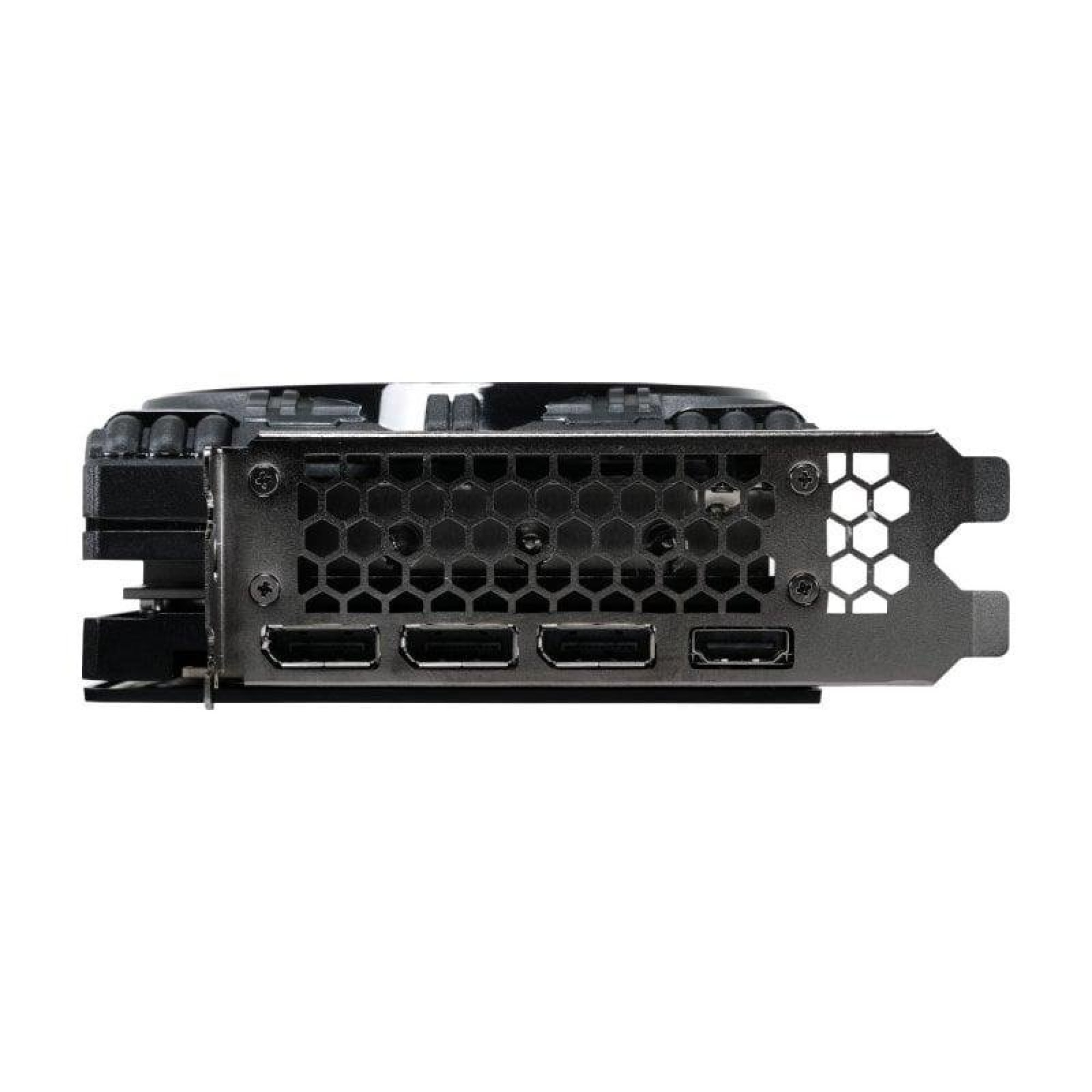 Panneau E/S arrière d'une carte graphique avec ports DisplayPort et HDMI, grille en nid d'abeille noire et vis.