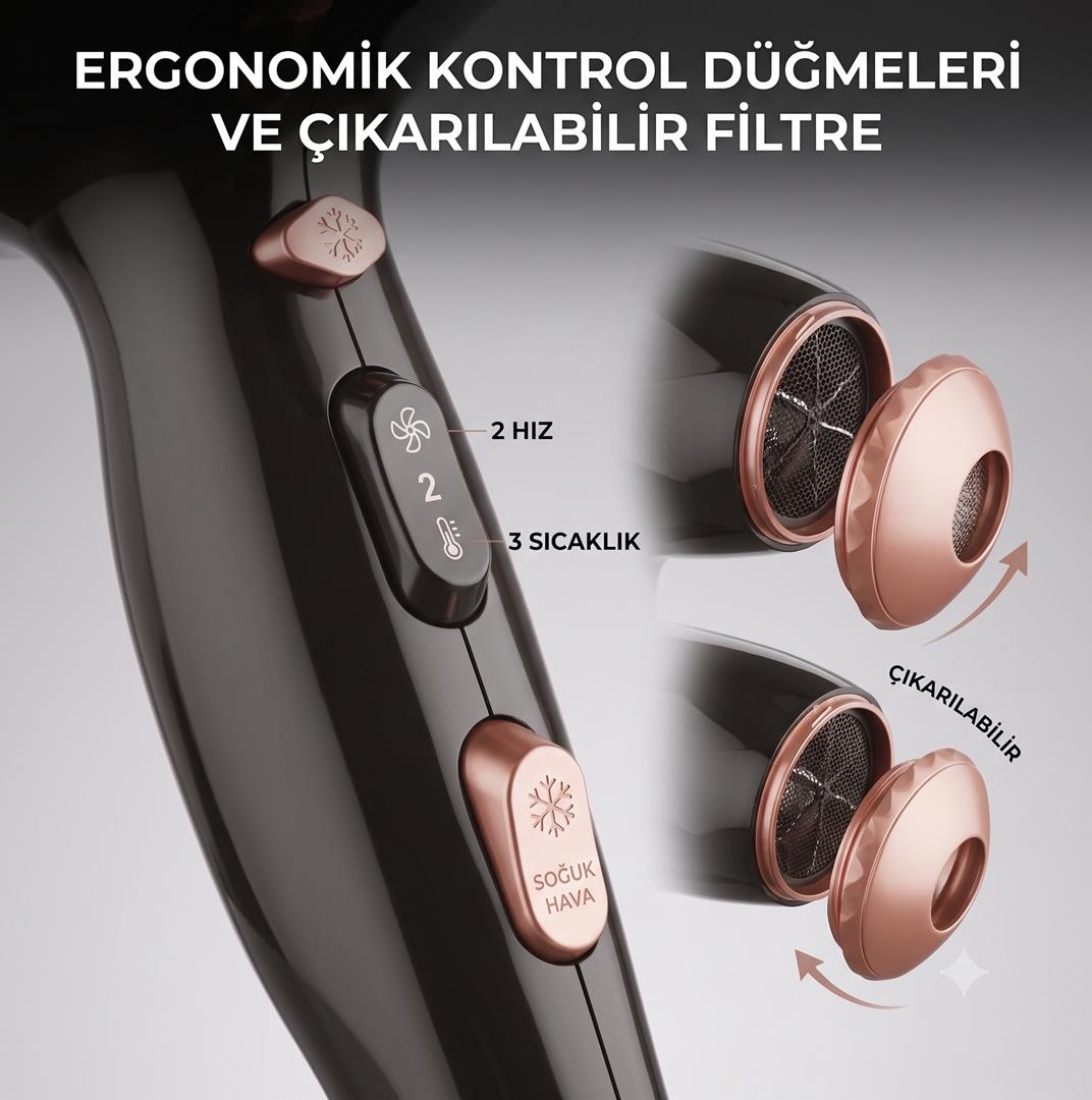 Pembe altın kontrol düğmelerine ve çıkarılabilir filtreye sahip siyah saç kurutma makinesi.