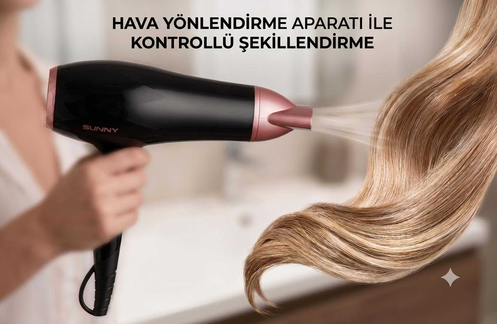 Bir el, siyah ve pembe altın rengi Sunny saç kurutma makinesiyle uzun sarı saçları şekillendiriyor.
