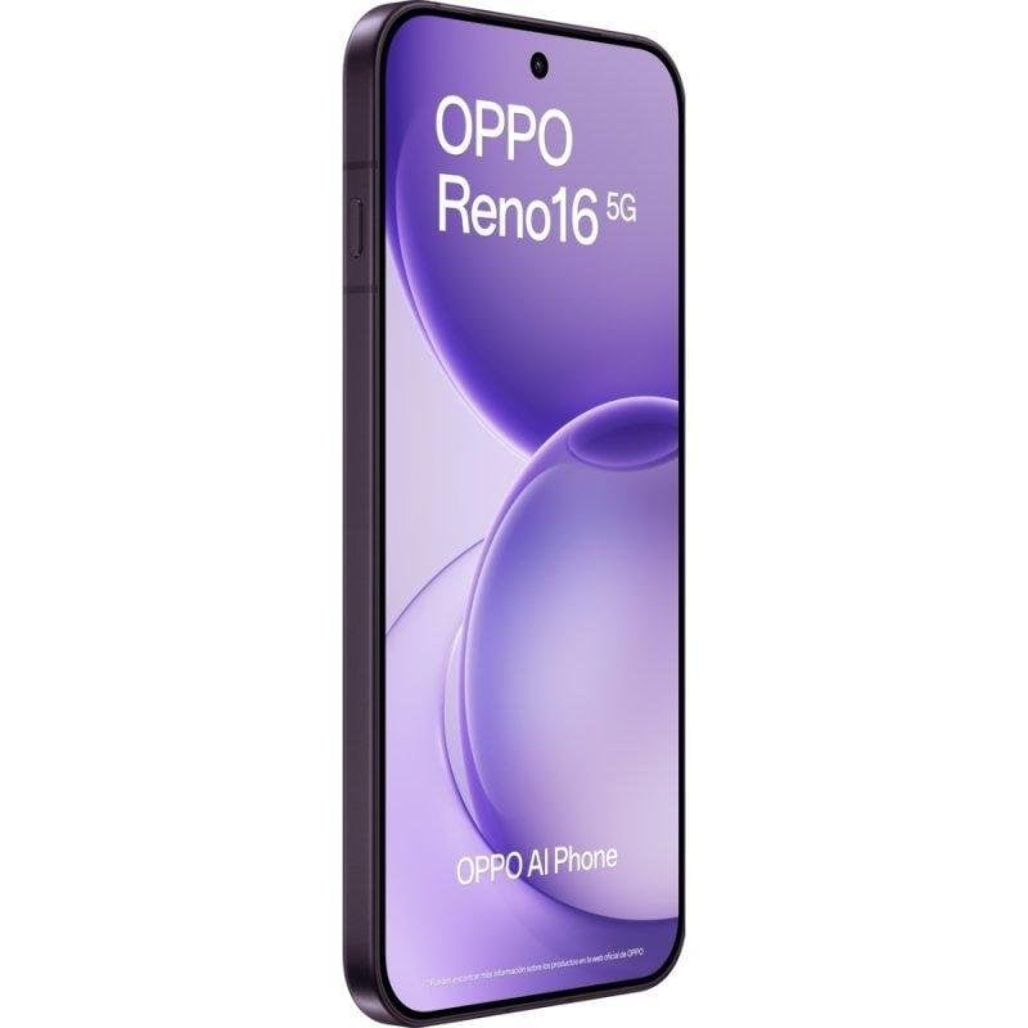 Vista frontale dello smartphone viola OPPO Reno16 5G con uno sfondo astratto viola sul display.