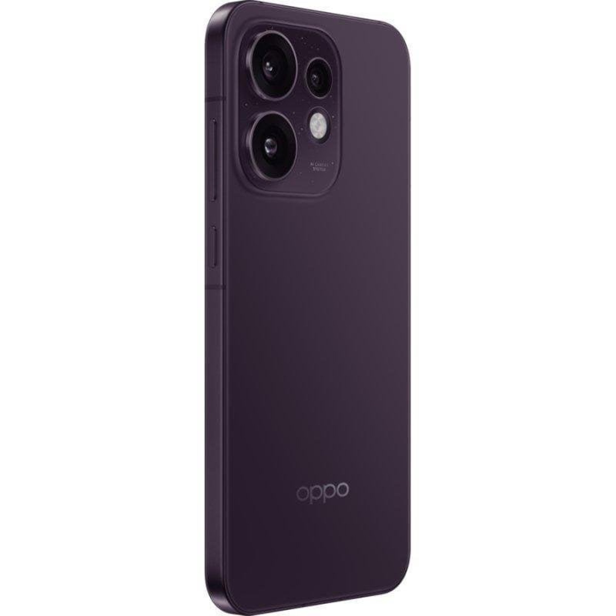 Smartphone Oppo viola scuro visto dal retro, con modulo fotocamera quadrato e logo.