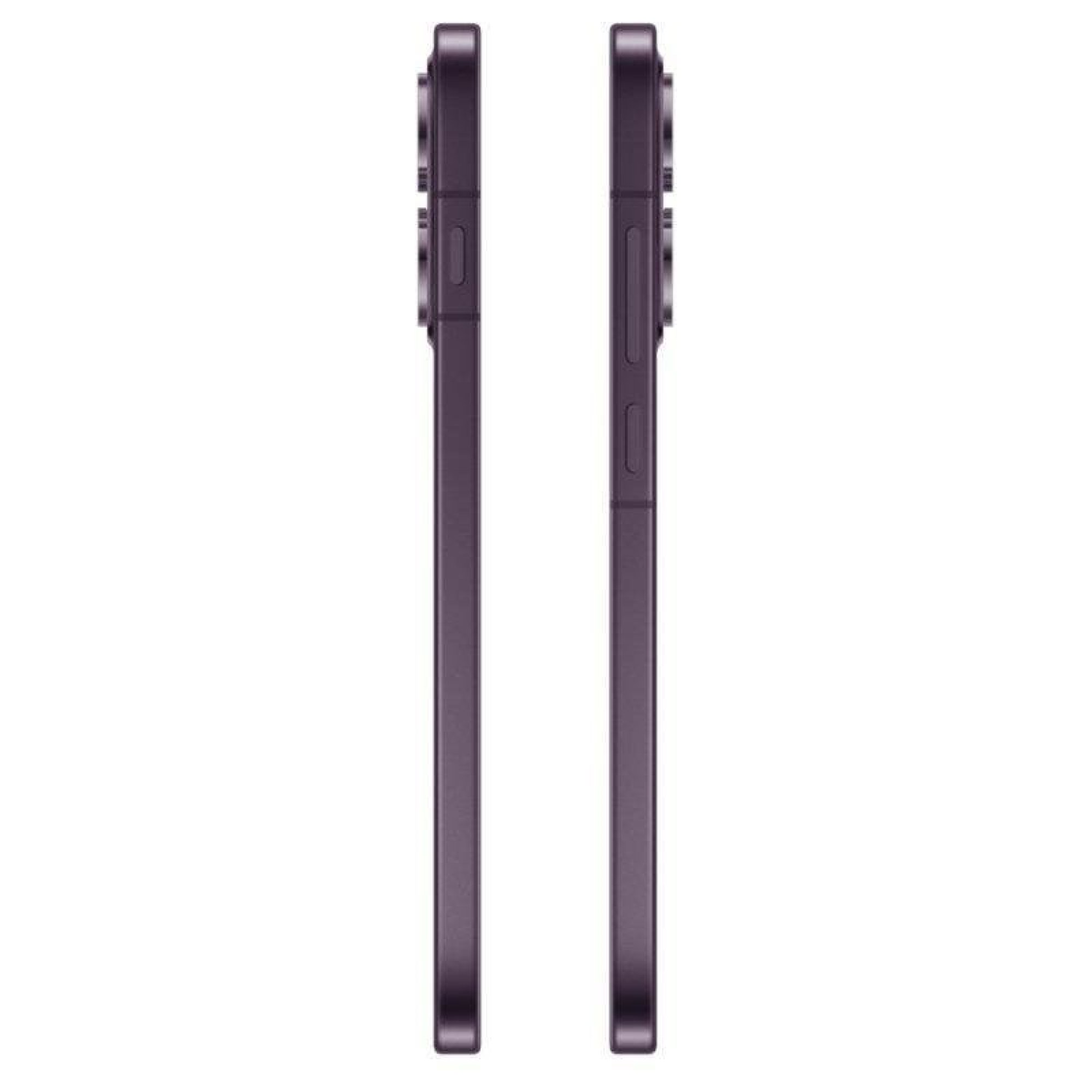 Vista laterale di due smartphone viola scuro, con tasti del volume e di accensione e lenti della fotocamera.