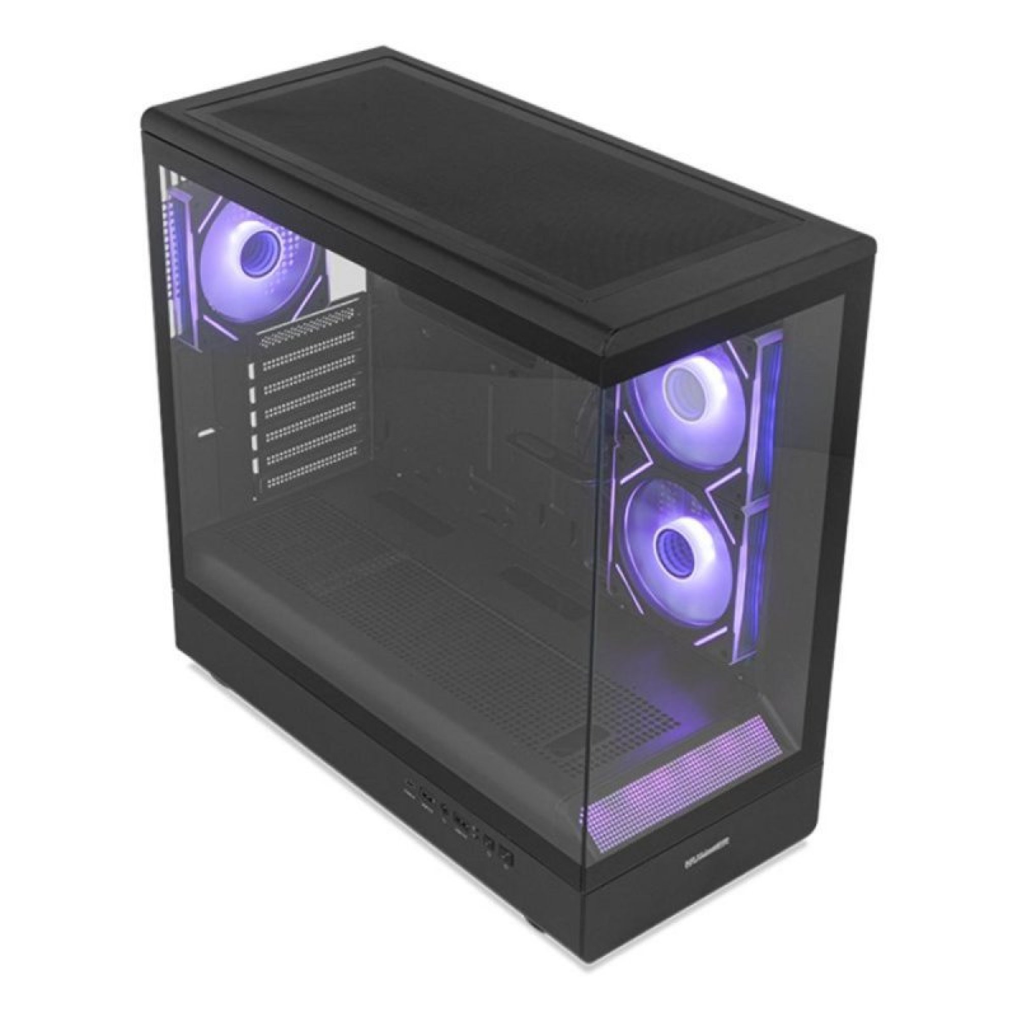 Case per PC nero con fronte in vetro e ventole illuminate in viola su sfondo bianco.