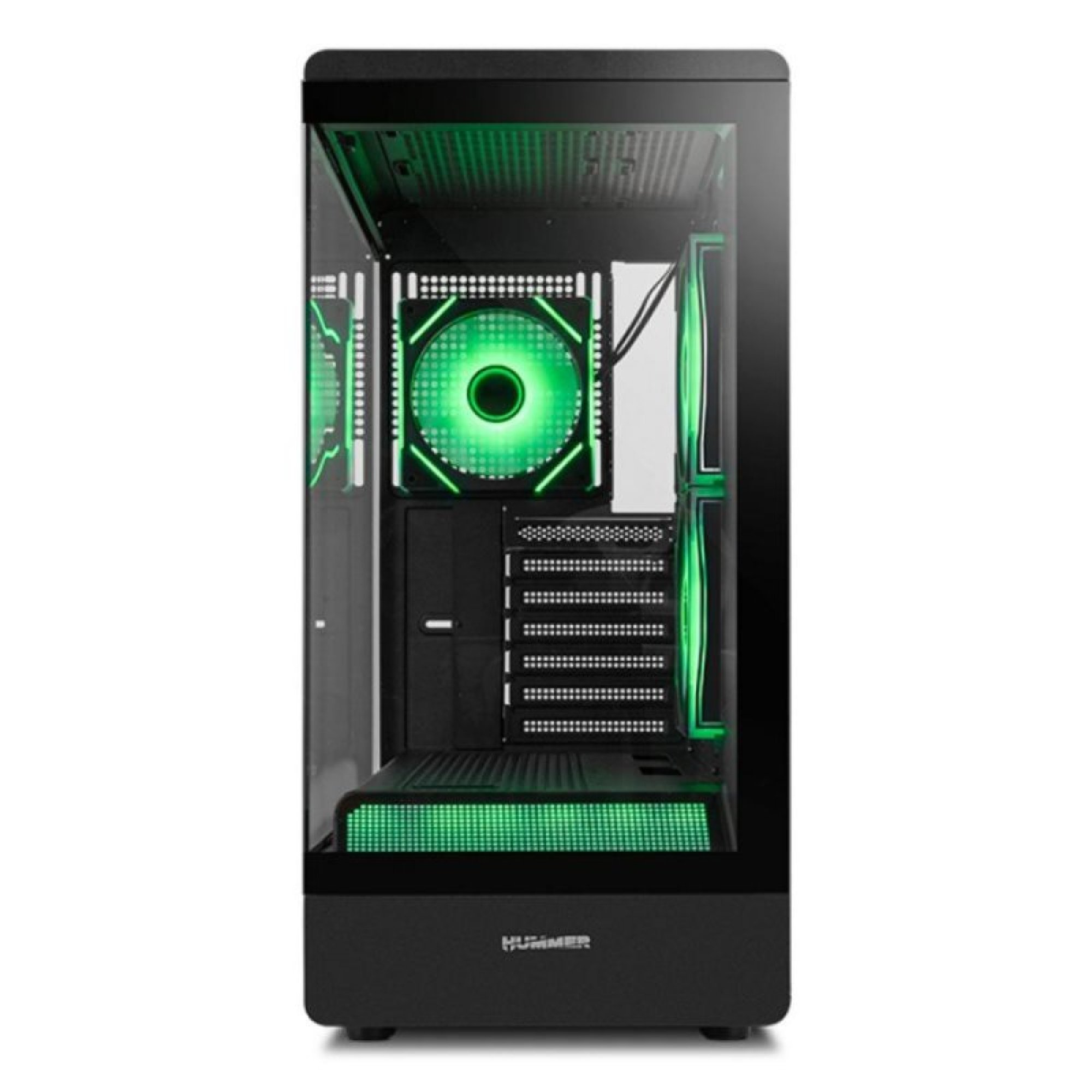 Un case per PC nero con pannelli in vetro e ventole illuminate in verde.