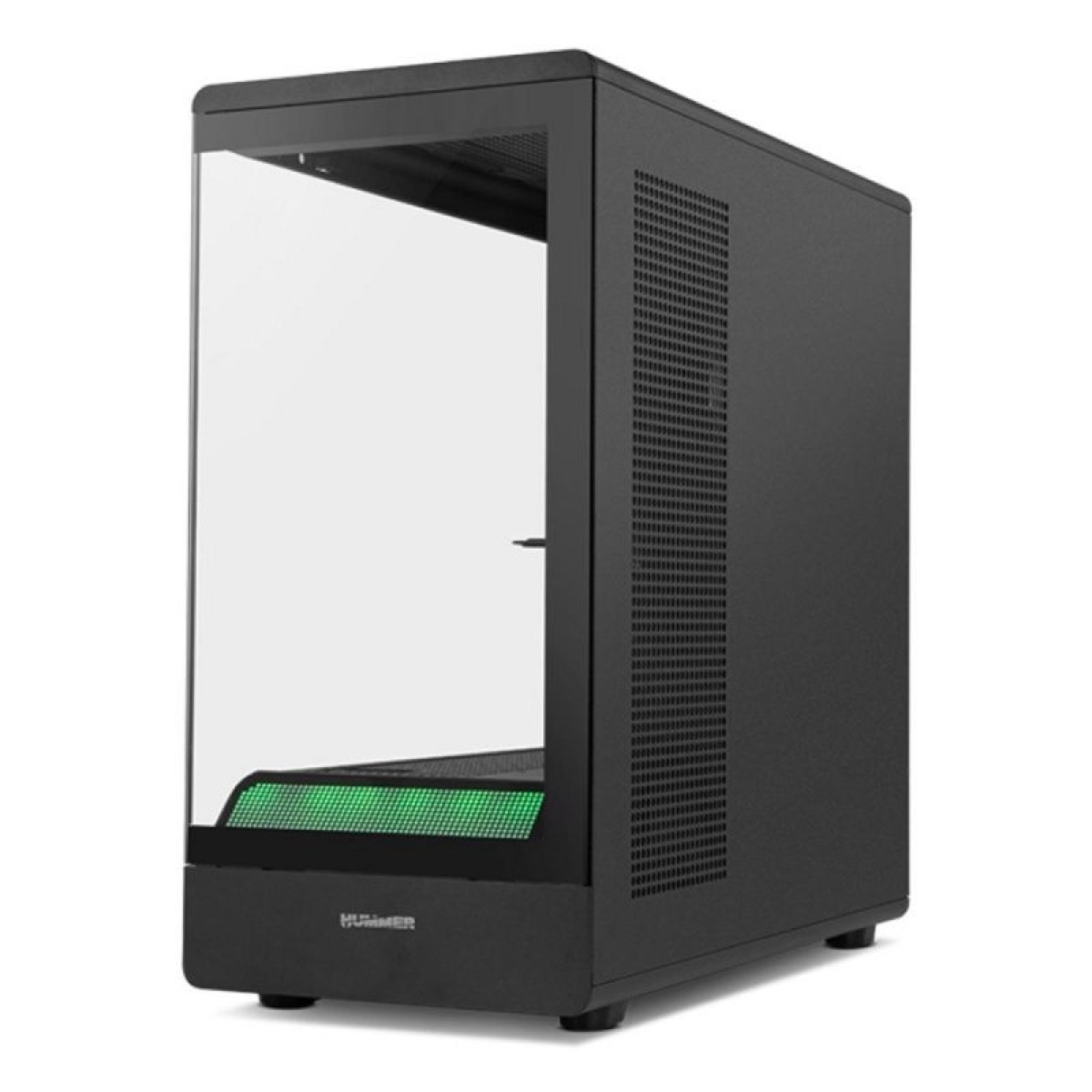 Case per PC nero con frontale in vetro e striscia verde luminosa in basso.