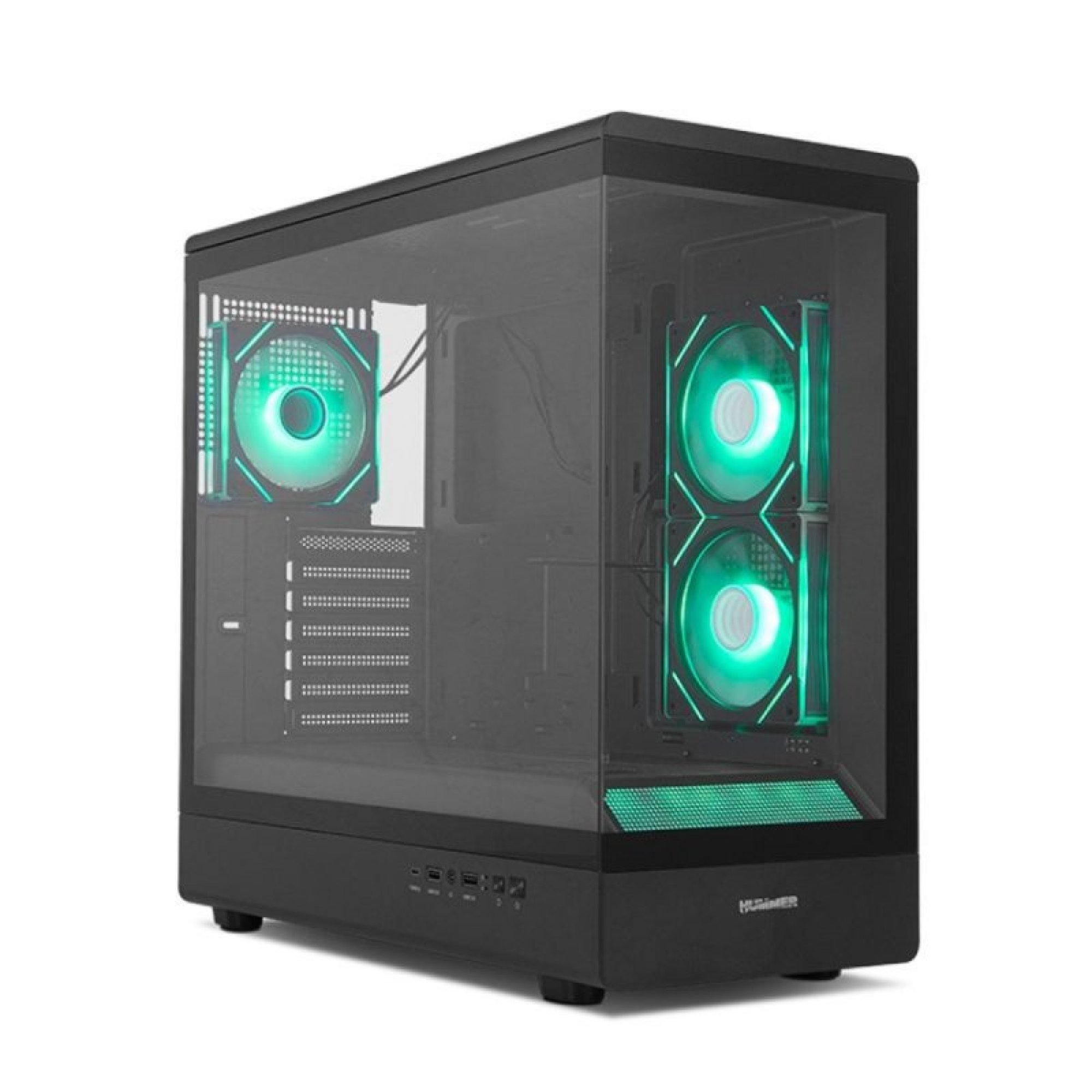 Case per PC nero con frontale in vetro e tre ventole verdi illuminate su sfondo bianco.