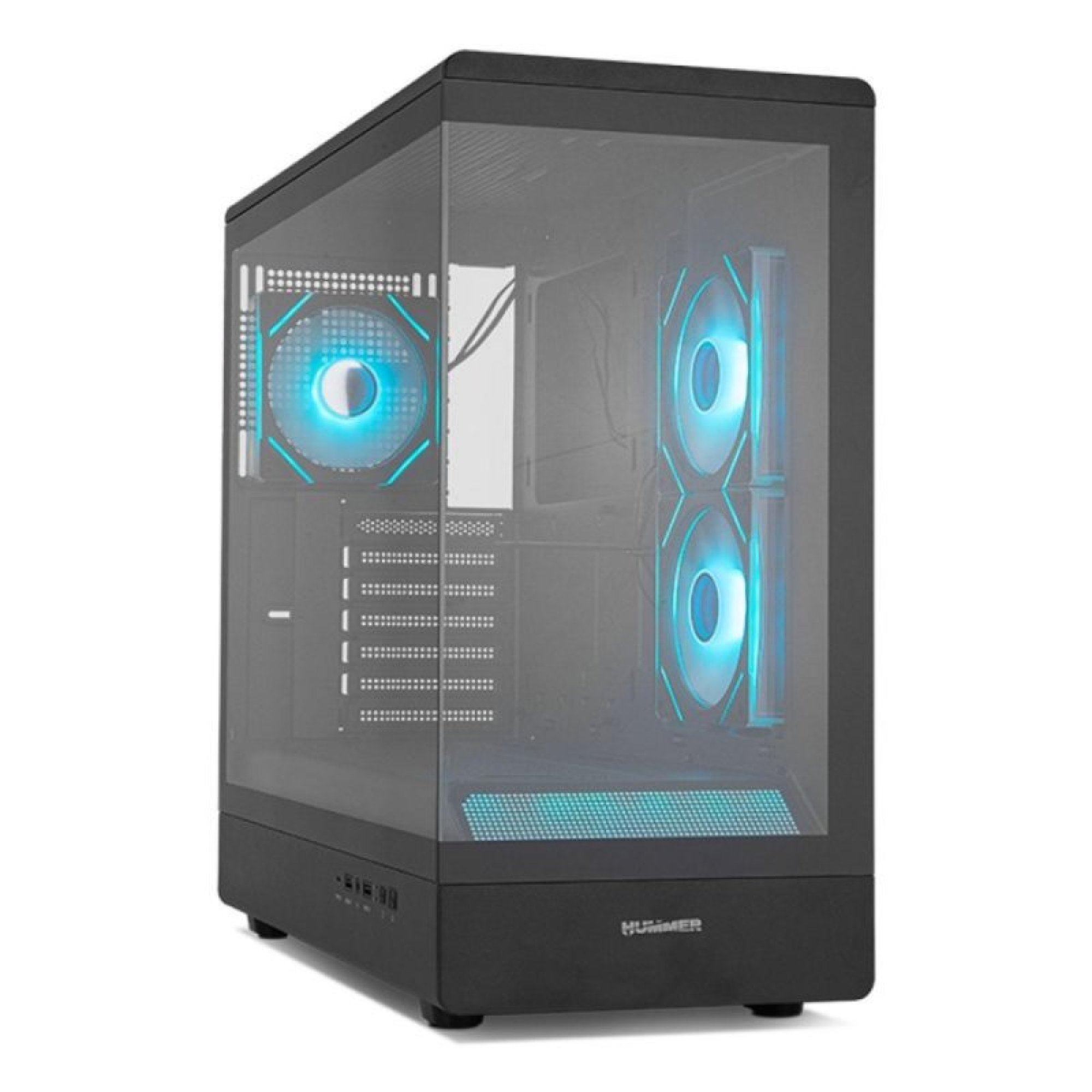 Un case per PC nero con pannelli laterali trasparenti e ventole interne illuminate di azzurro su sfondo bianco.