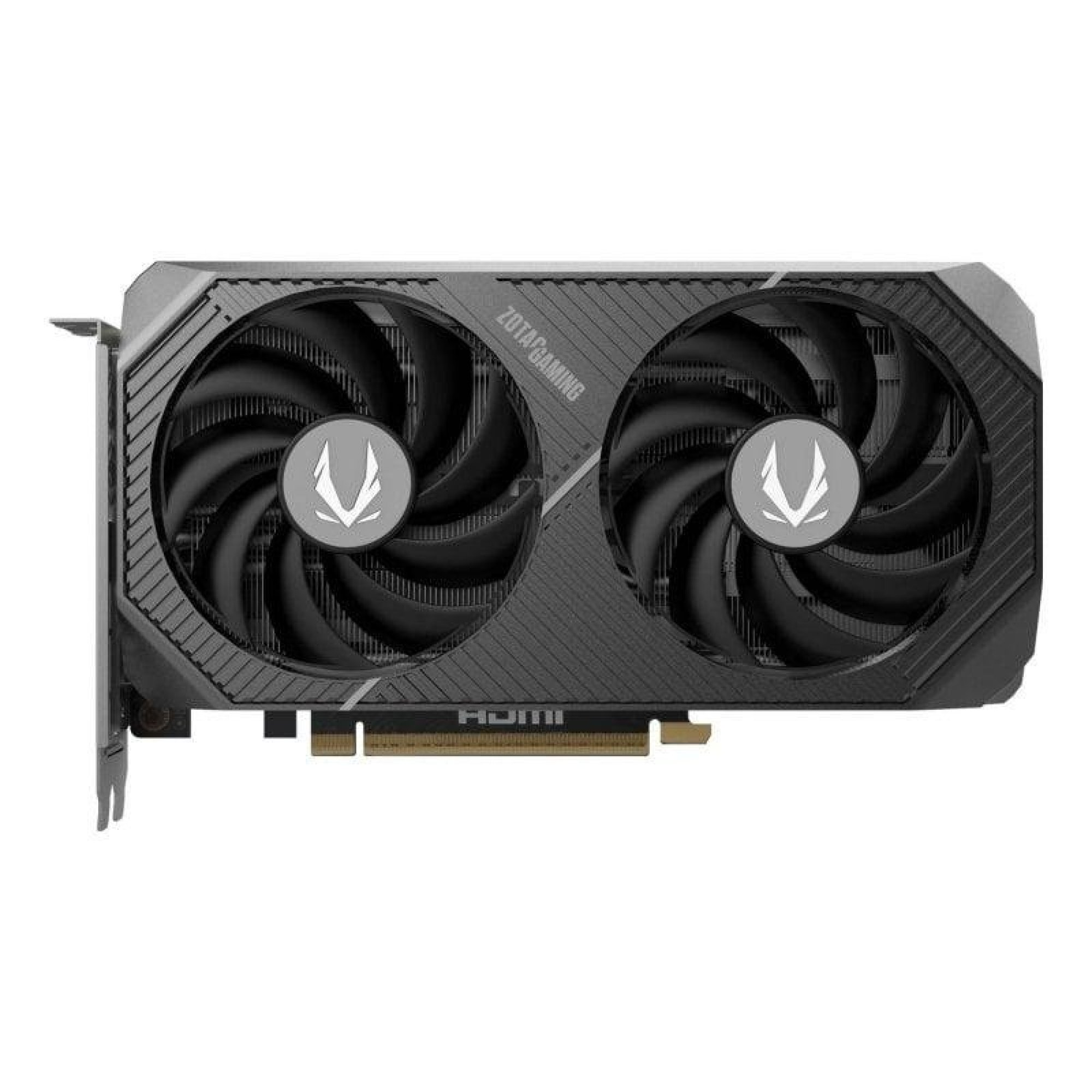 Scheda video Zotac Gaming nera con due ventole su sfondo bianco.