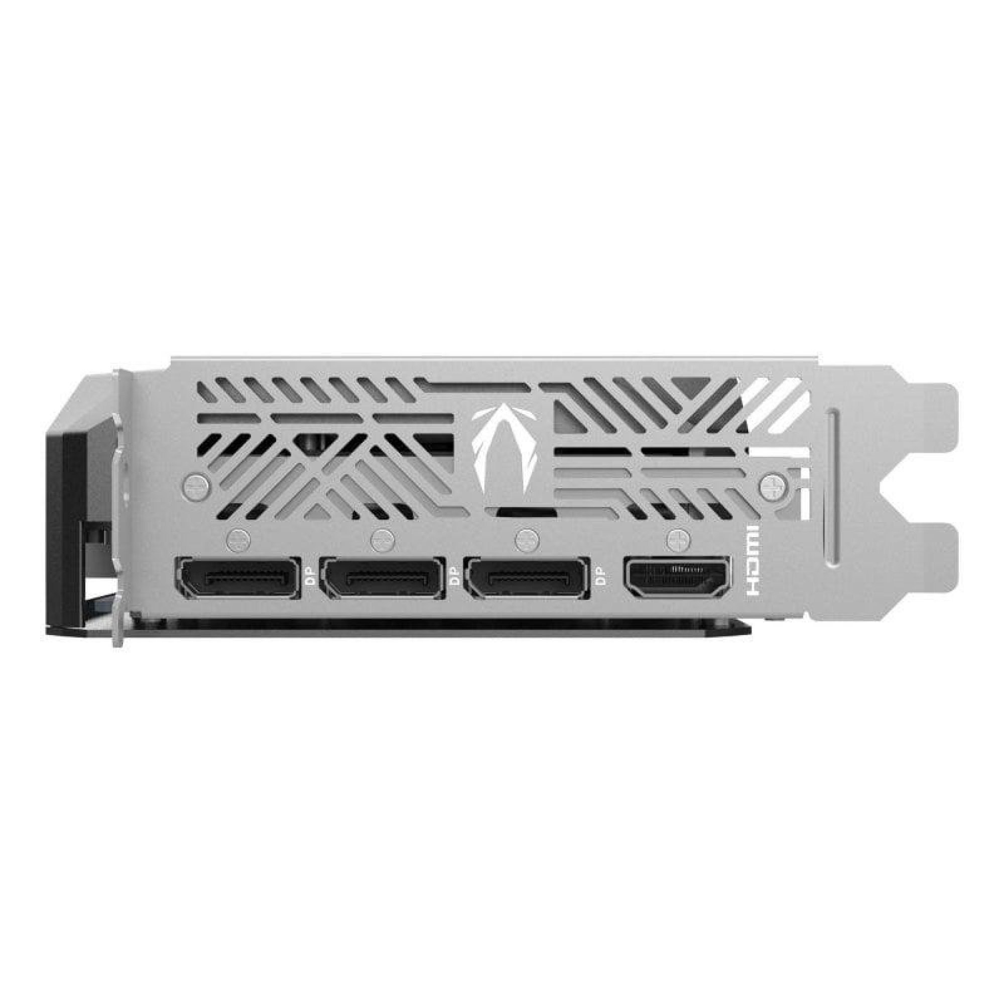 Pannello posteriore di una scheda grafica argentata con tre porte DisplayPort e una HDMI.