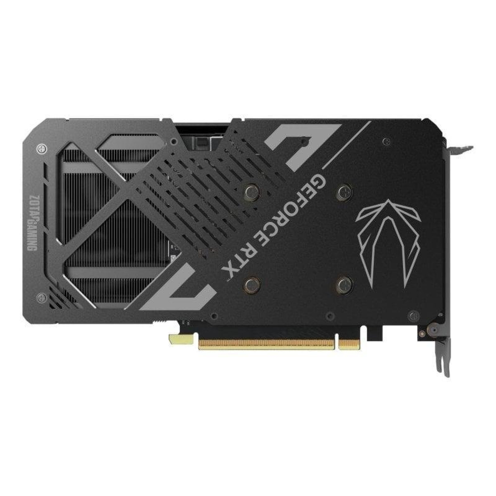 Una scheda grafica Zotac Gaming GeForce RTX nera e grigia con due ventole e alette, su sfondo bianco.