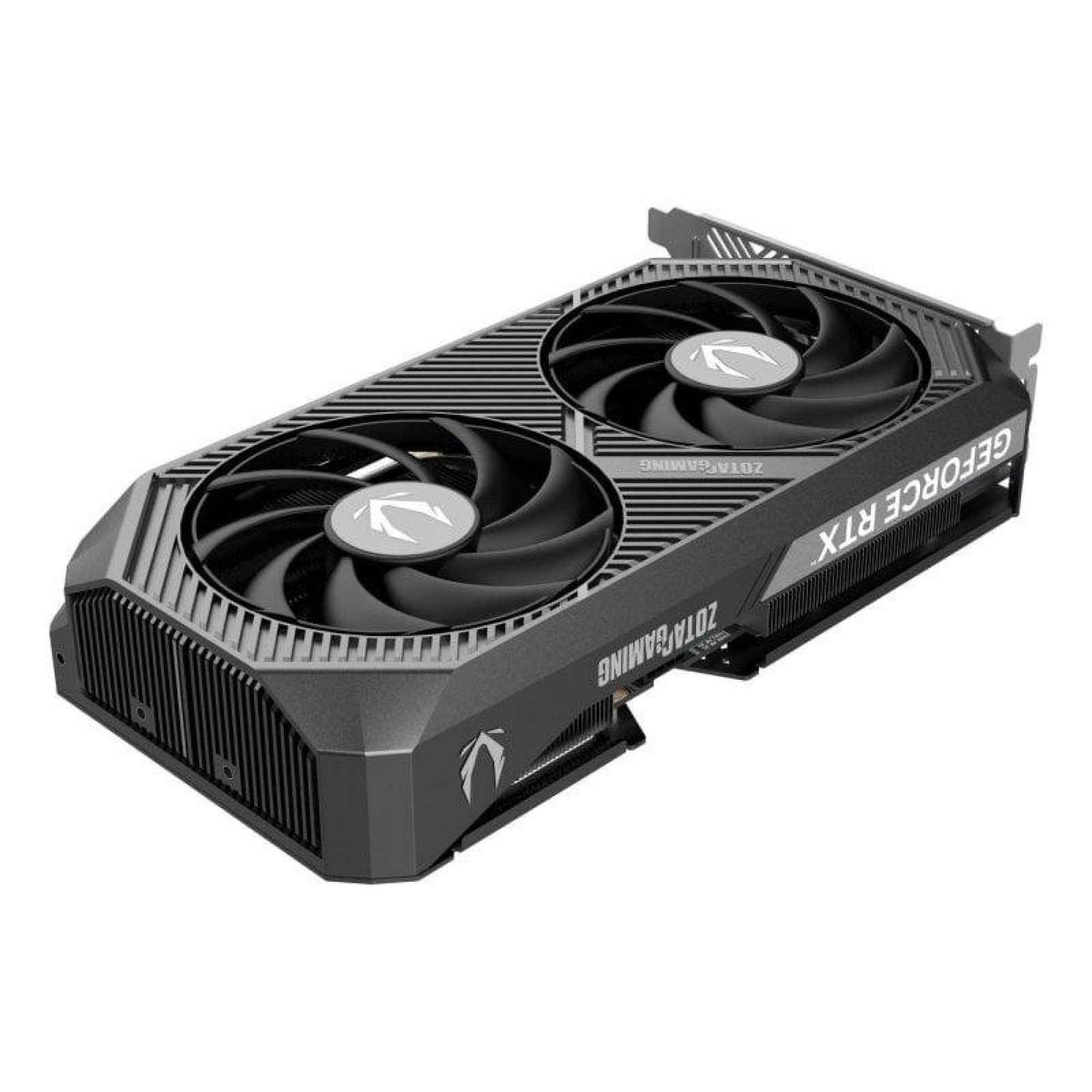Scheda grafica Zotac Gaming GeForce RTX nera e grigia con due ventole su sfondo bianco.
