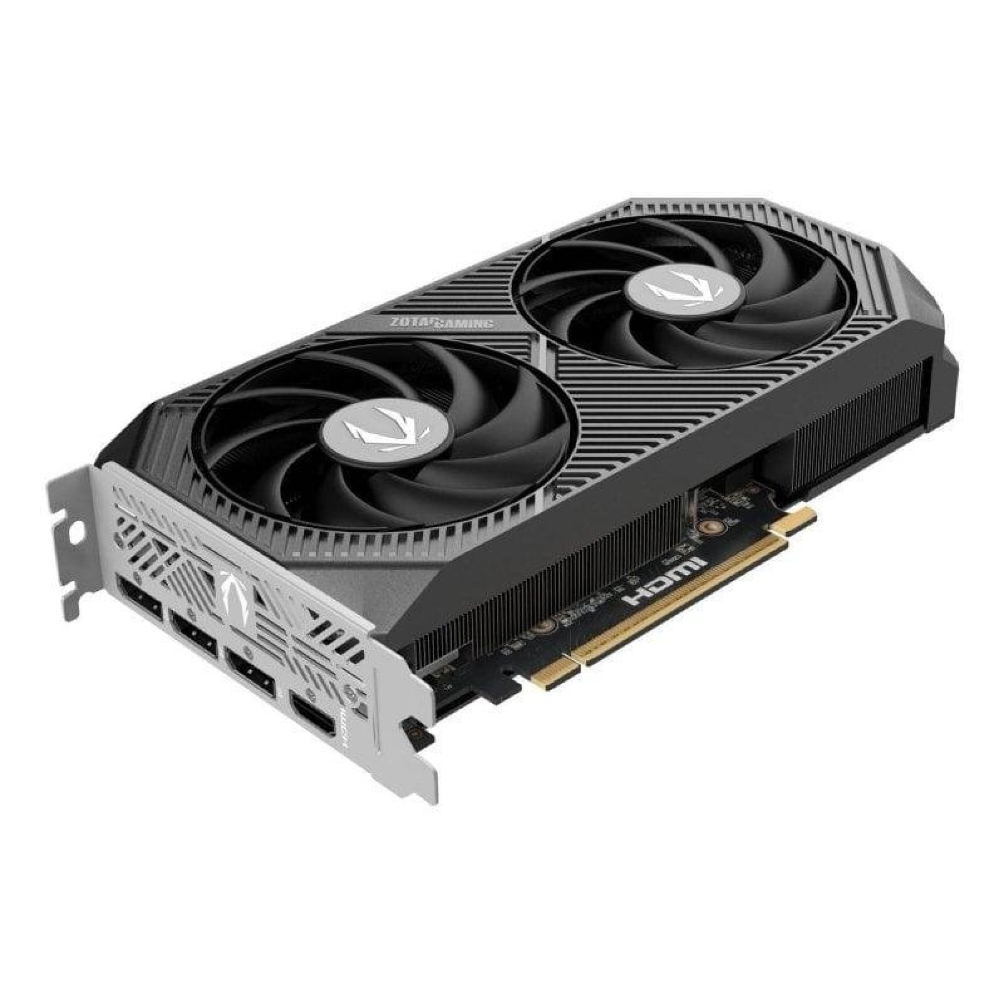 Una scheda grafica Zotac Gaming nera con due ventole di raffreddamento e porte di connessione su sfondo bianco.