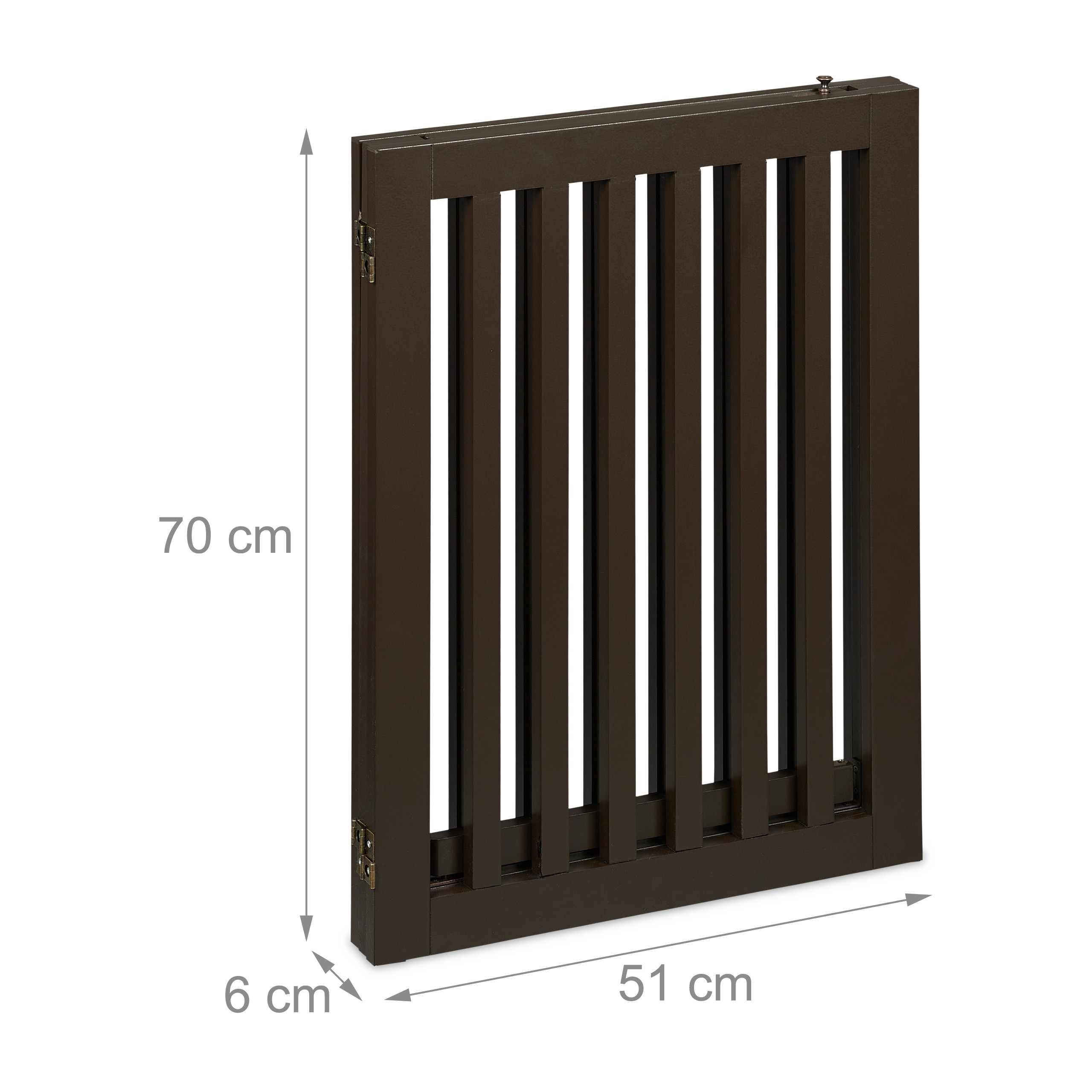 Braunes Holzabsperrgitter, 70 cm hoch, 51 cm breit, 6 cm tief, auf weißem Hintergrund.