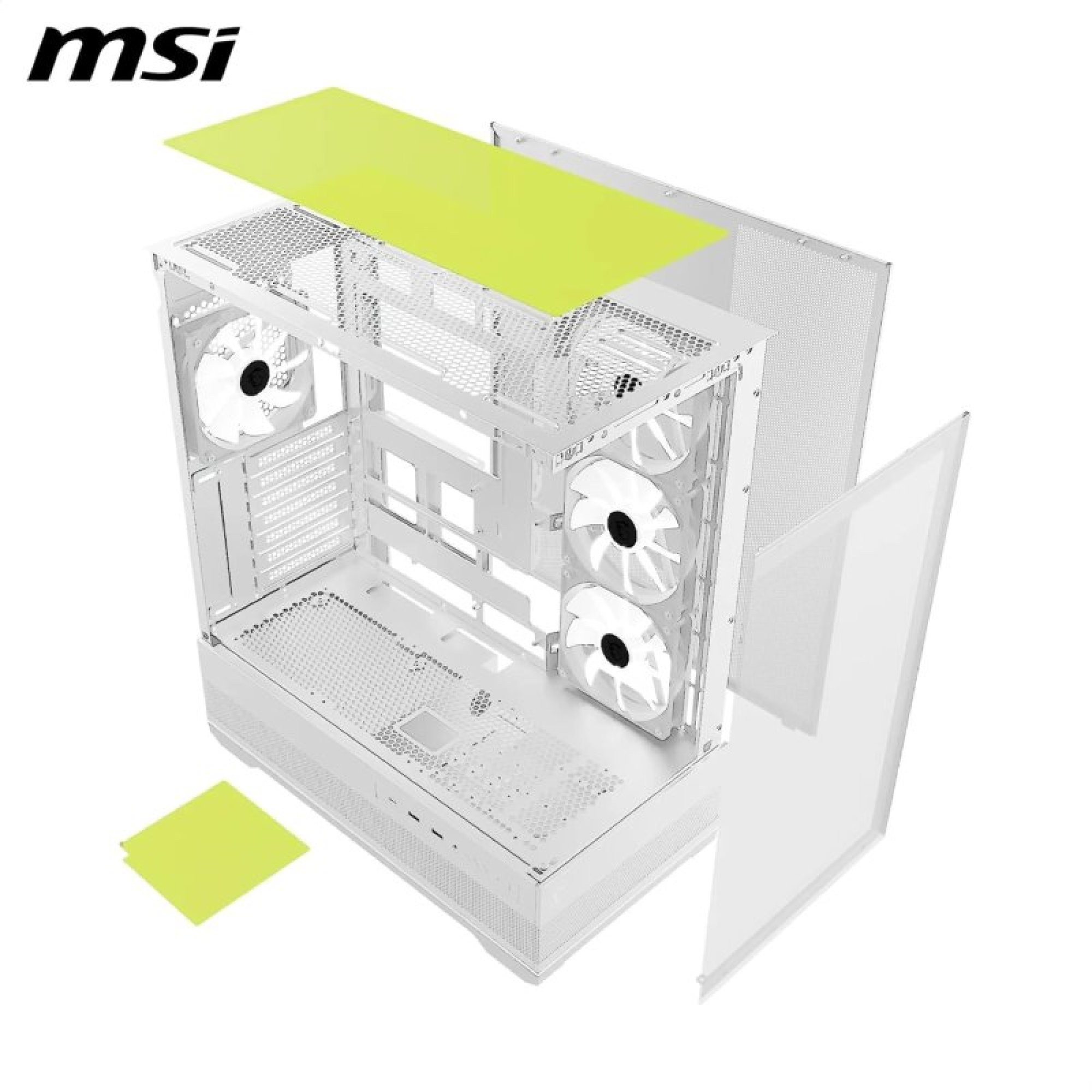 Rzut rozstrzelony białej obudowy komputera MSI z wentylatorami.