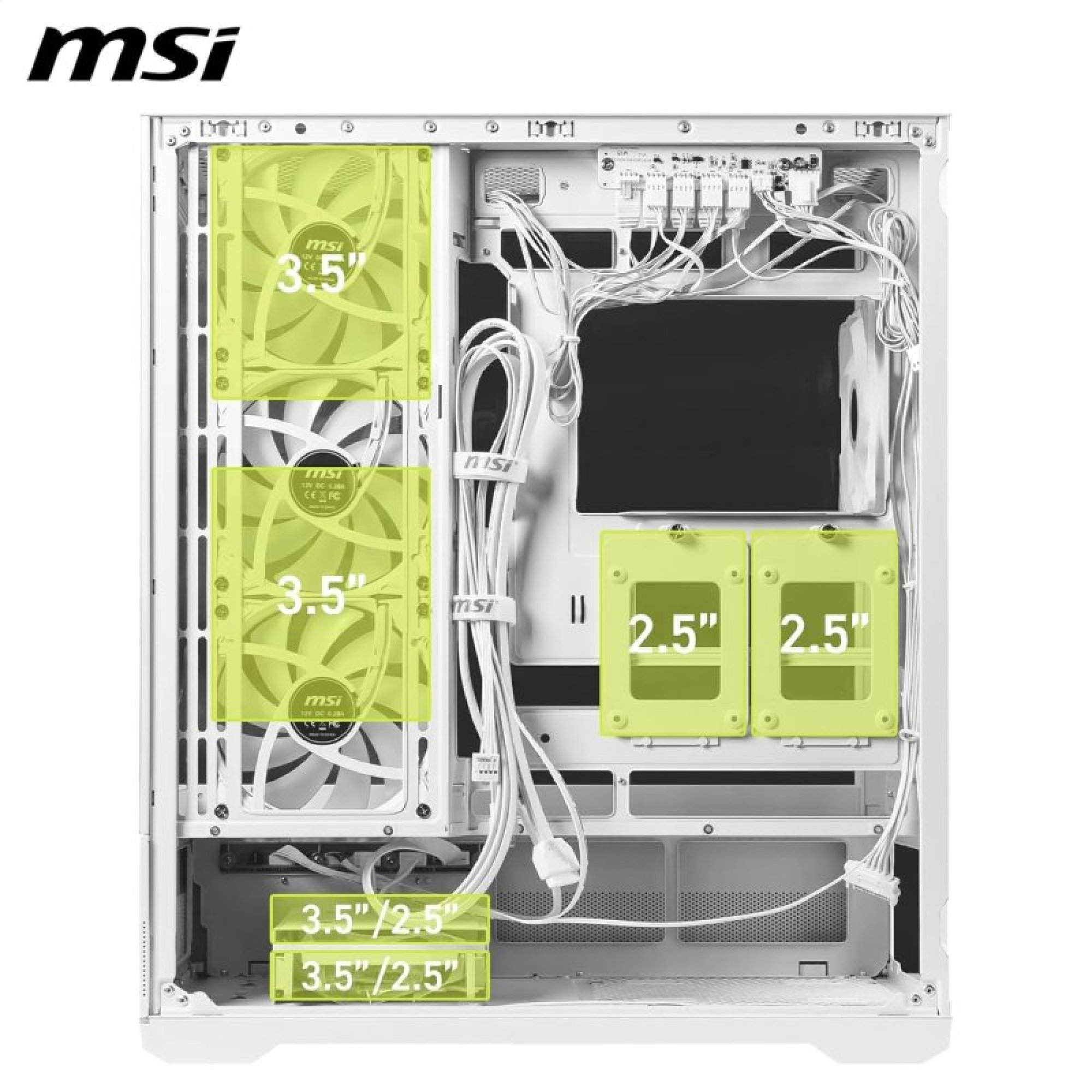 Biała obudowa PC MSI z podświetlonymi na żółto wnękami na dyski 3,5 i 2,5 cala.
