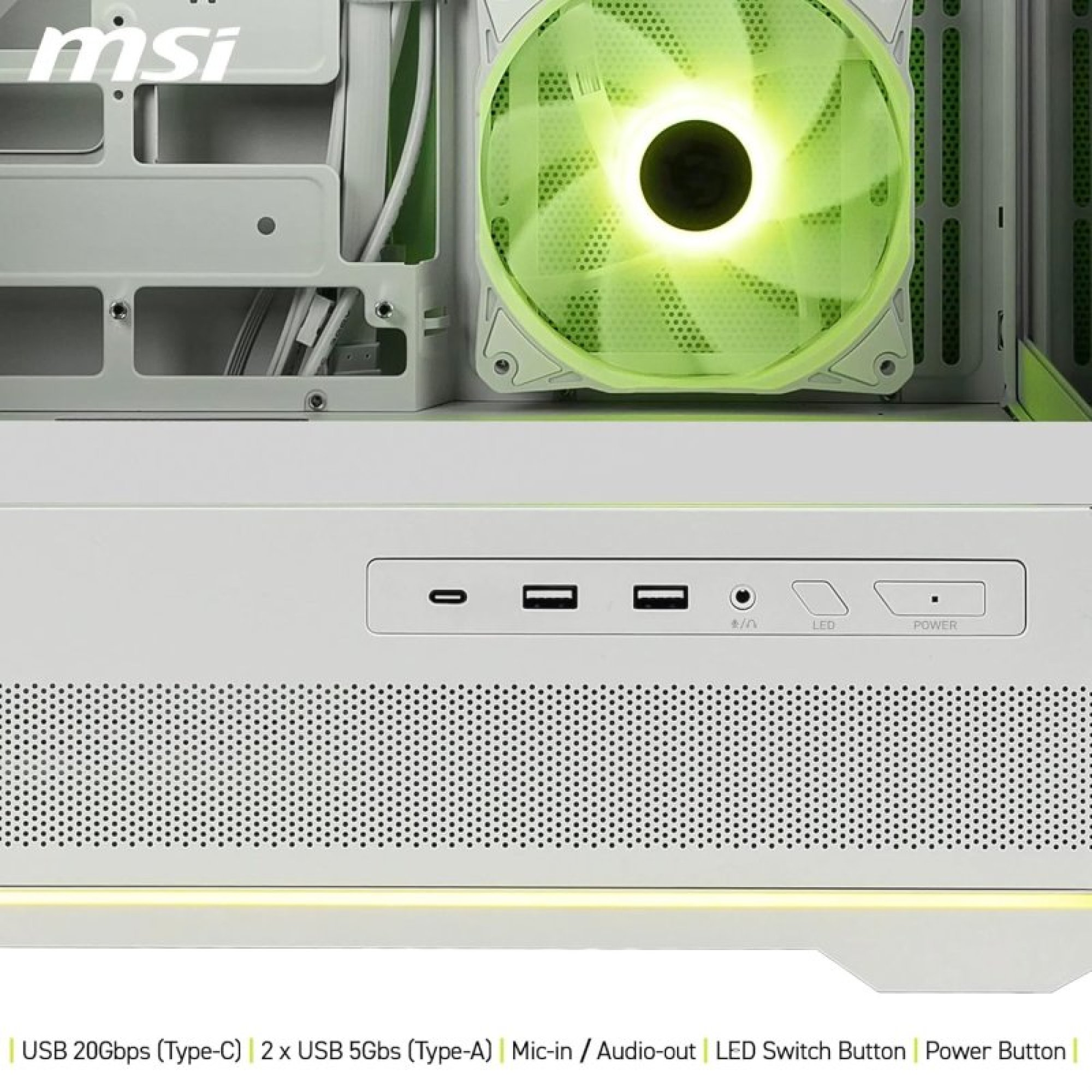 Wnętrze białej obudowy PC MSI z zielonym wentylatorem i portami I/O, w tym USB, audio, LED i przyciskiem zasilania.