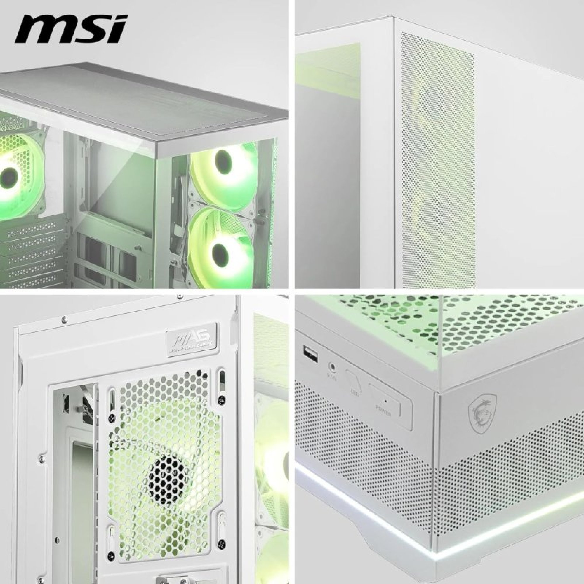 Kolaż przedstawiający szczegóły białej obudowy PC MSI z zielonymi wentylatorami i panelami.