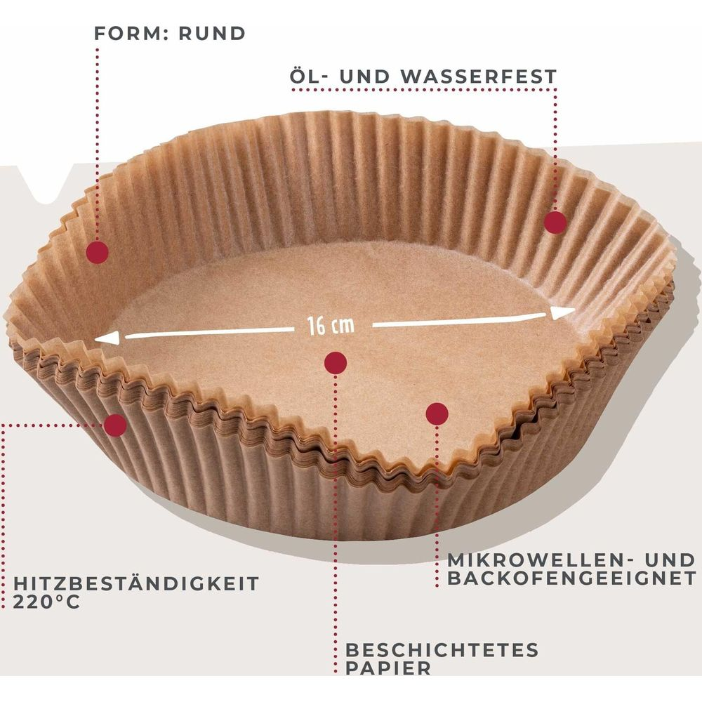 Fogli di carta da forno rotondi marroni da 16 cm per friggitrice ad aria con etichette.